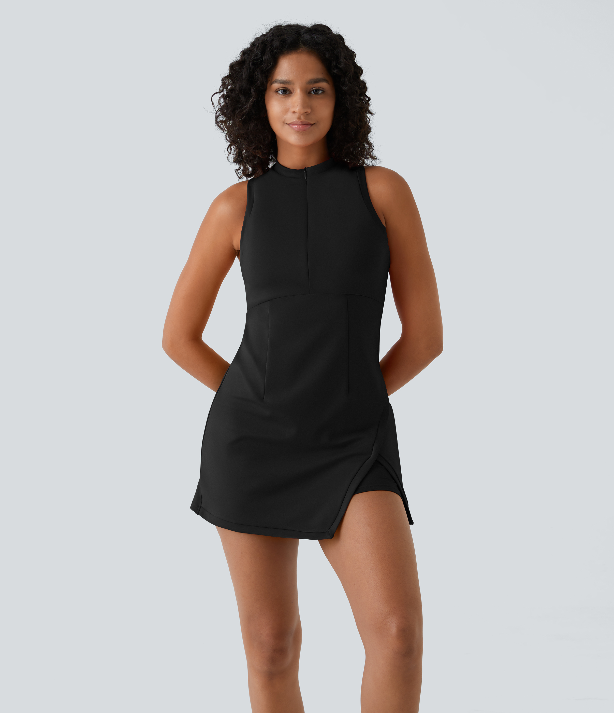 Halara Zipper Racerback Split Side Pocket 2-Piece Mini Tennis Active Dress Workout Dress - Black - XL 