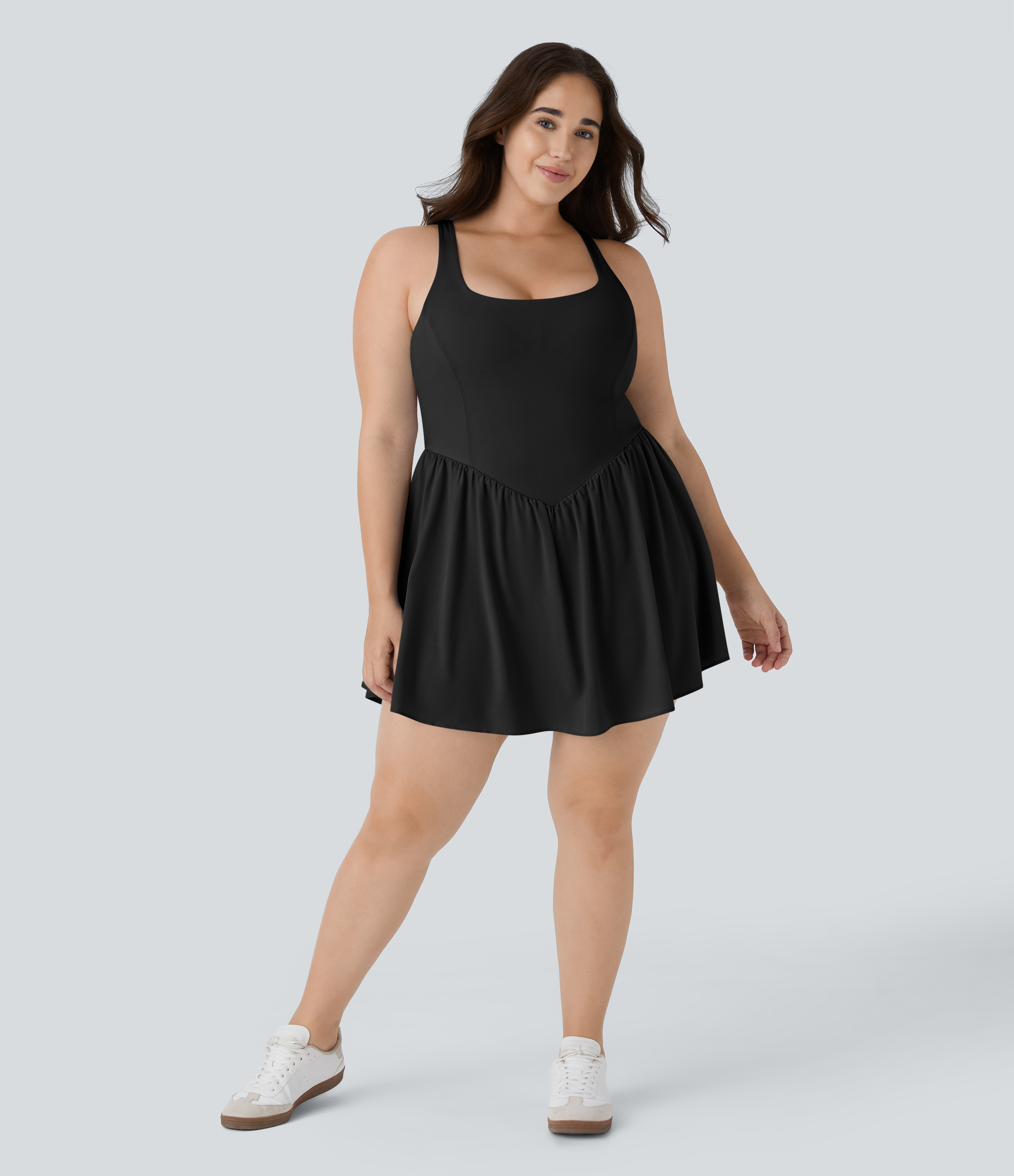 Halara Breezefulв„ў Square Neck Backless Cut Out Crisscross Twisted Back 2-in-1 Side Pocket Corset Mini Quick Dry Flowy Casual Plus Size Dress  - Black - 1X 