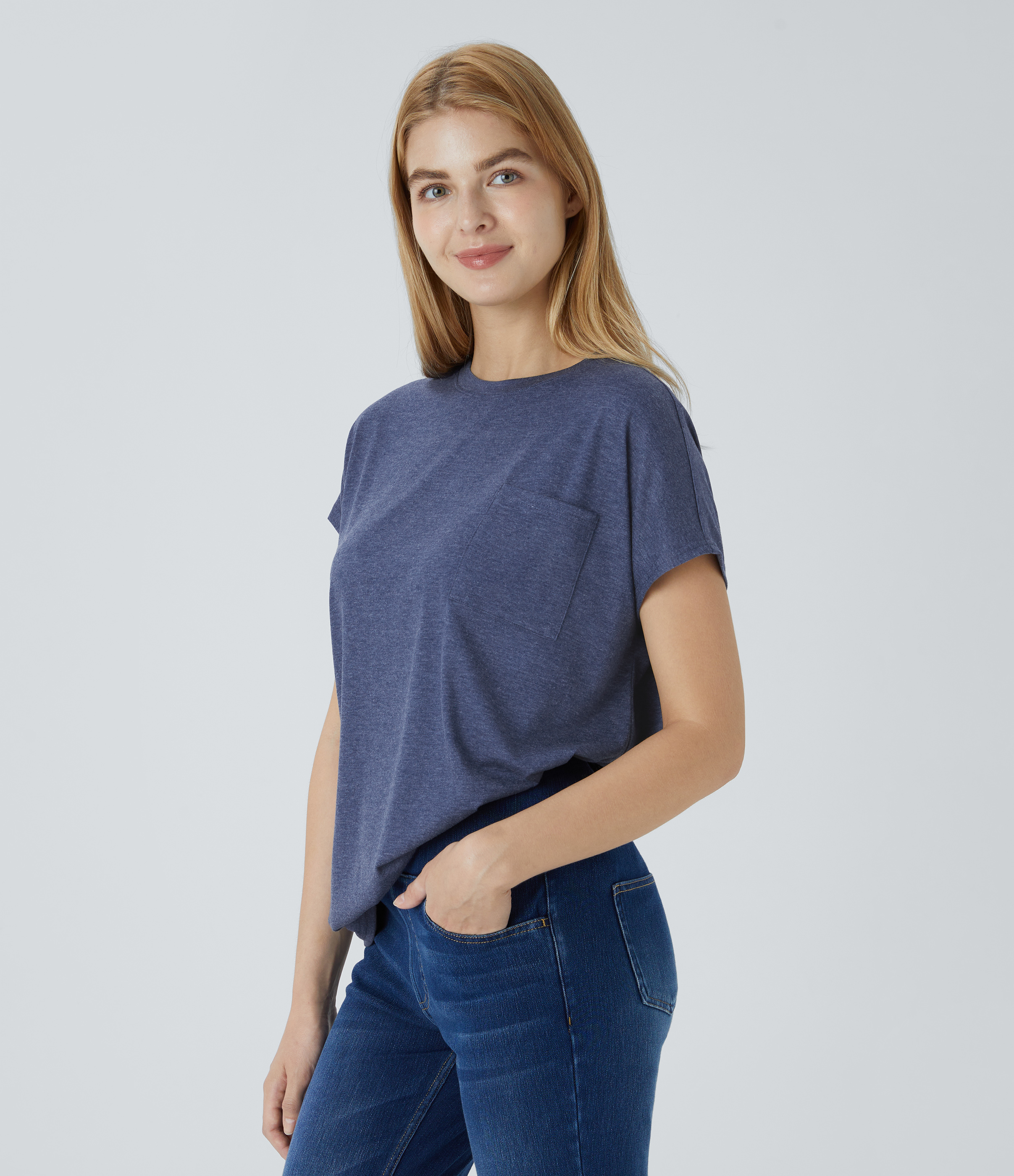 Halara Round Neck Chest Pocket Split Hem Relax Casual T-Shirt  - Mottled Indigo - XL 