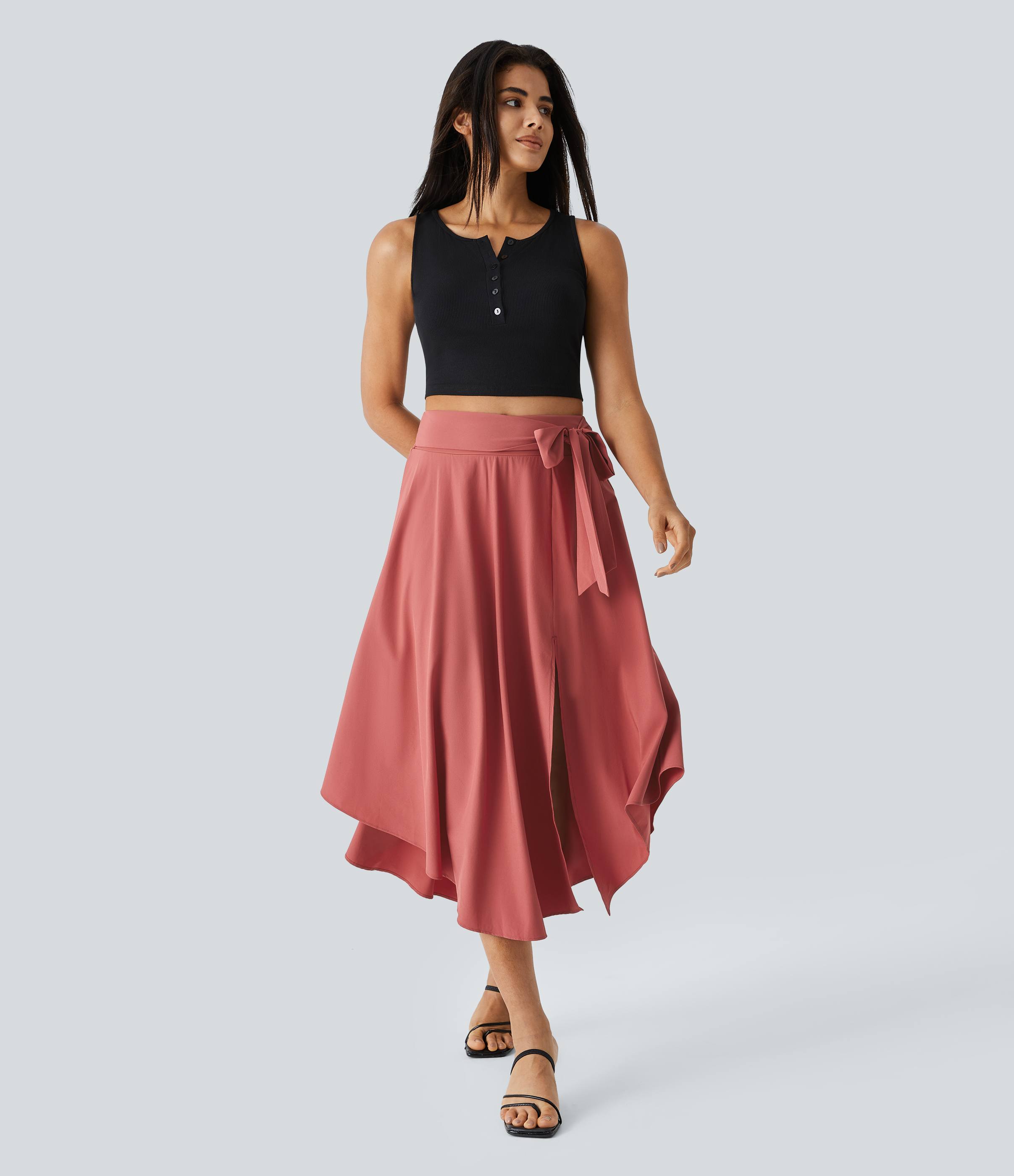 Halara Breezefulв„ў High Waisted Tie Side Split 2-in-1 Curved Hem Flowy Flare Quick Dry Midi Casual Skirt  - Flame Red - XL(regular) 