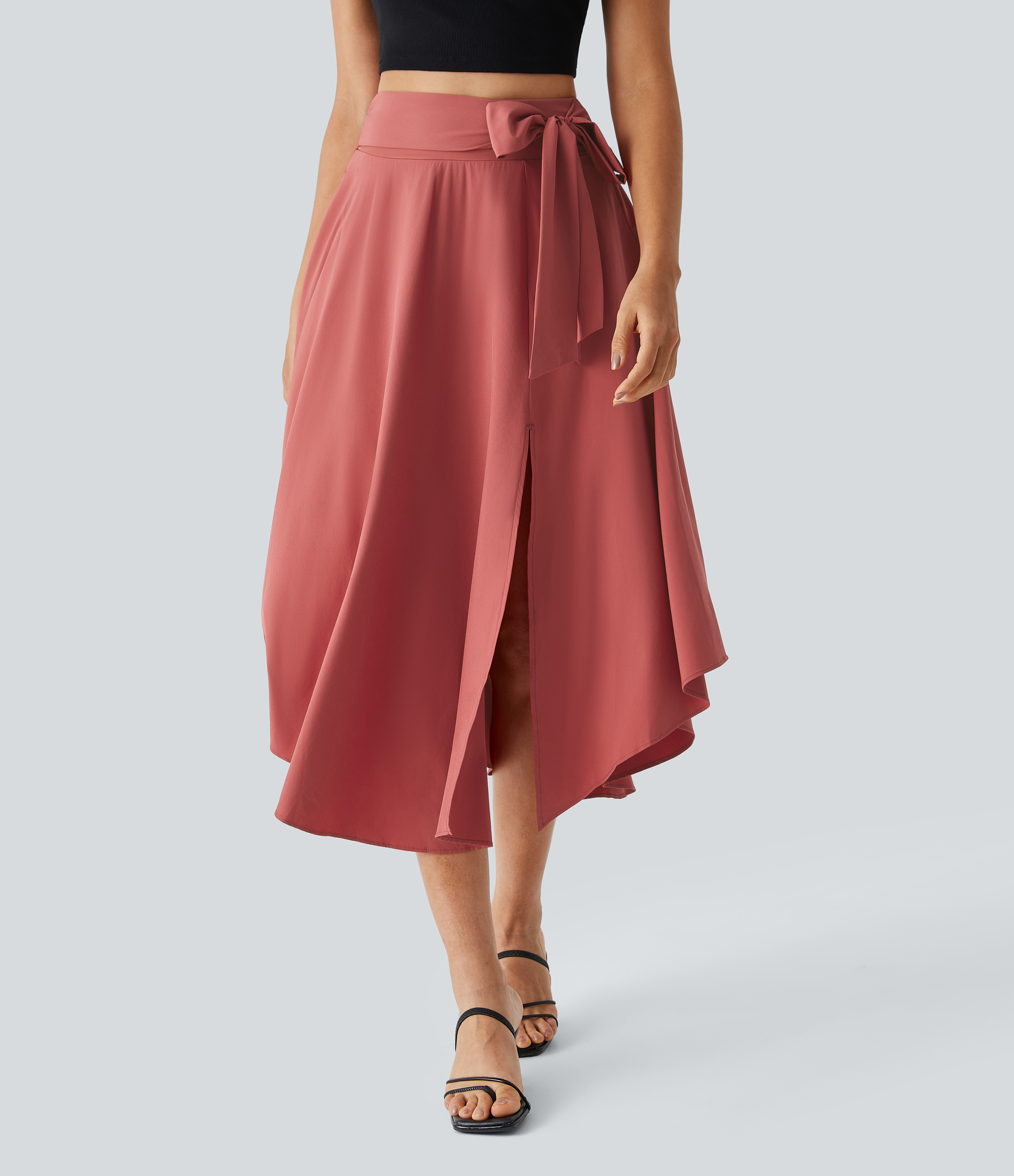 Halara Breezefulв„ў High Waisted Tie Side Split 2-in-1 Curved Hem Flowy Flare Quick Dry Midi Casual Skirt  - Flame Red - XL(regular) 