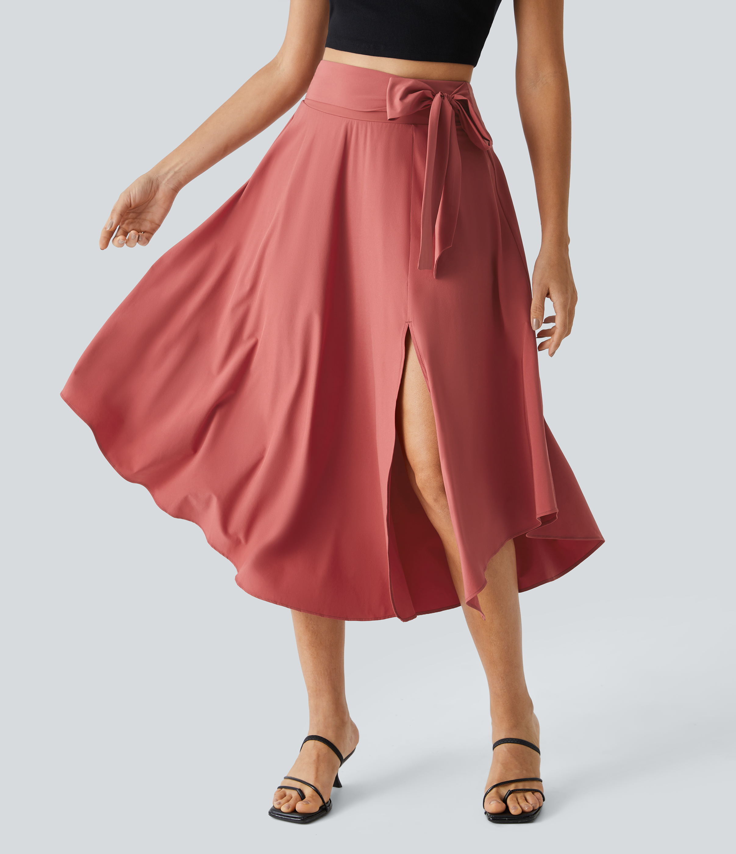 Halara Breezefulв„ў High Waisted Tie Side Split 2-in-1 Curved Hem Flowy Flare Quick Dry Midi Casual Skirt  - Flame Red - XL(regular) 