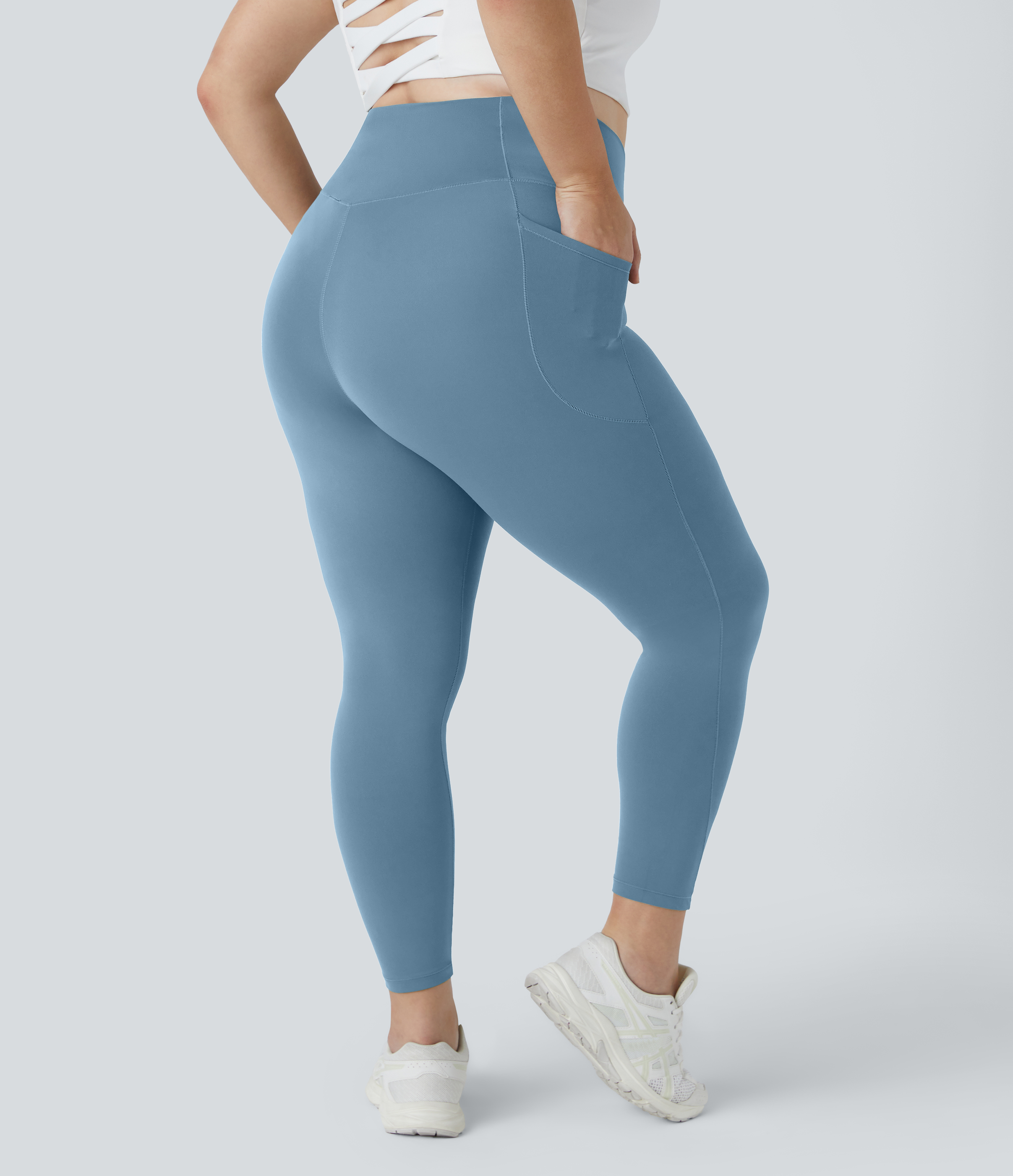 Halara Cloudfulв„ў Fabric High Waisted Crossover Side Pocket Plain Plus Size Full Length Leggings  - Warm Mid Blue - 1X 