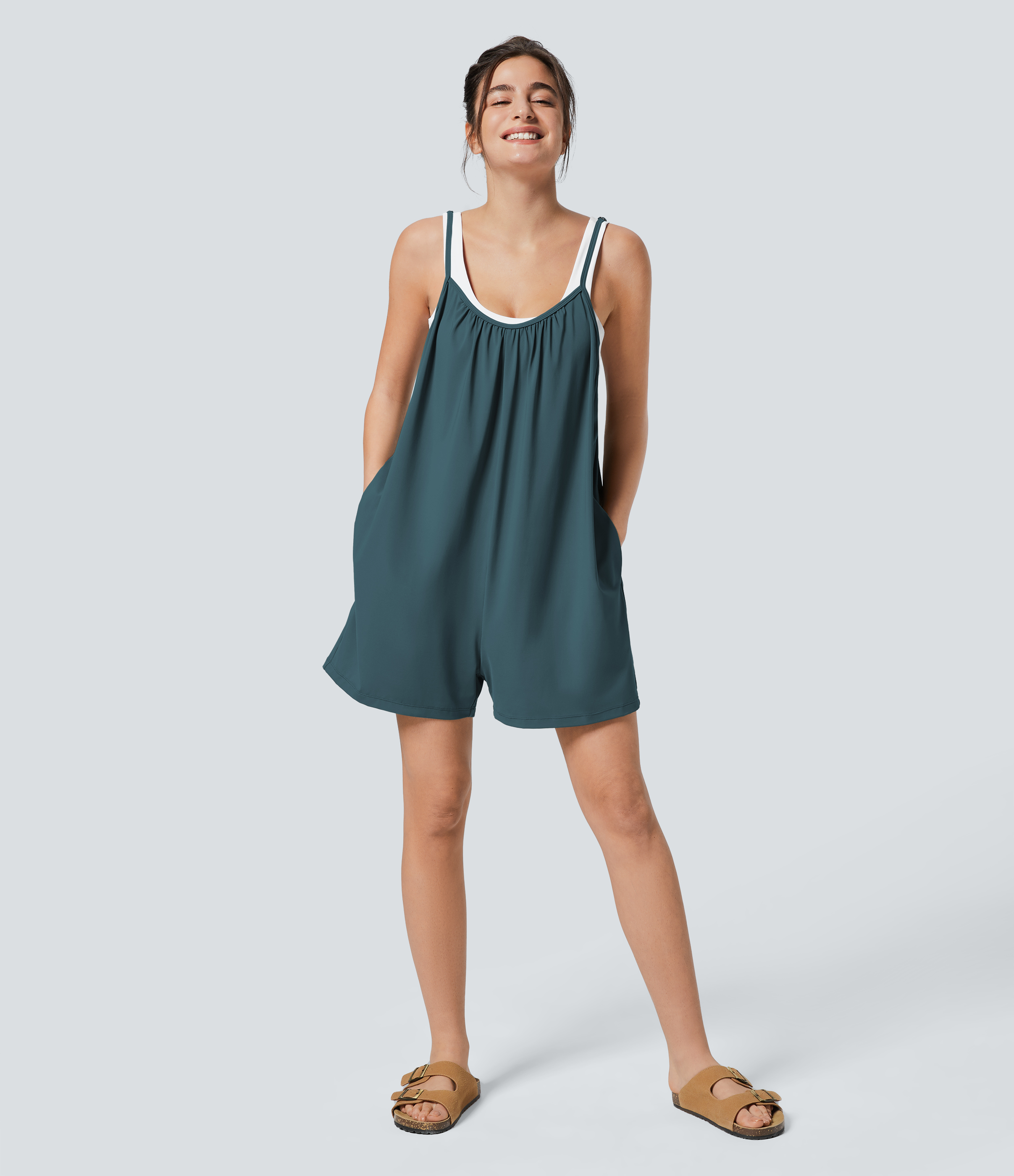 Spaghetti Pocket Solid Wide Leg Casual Jumpsuit