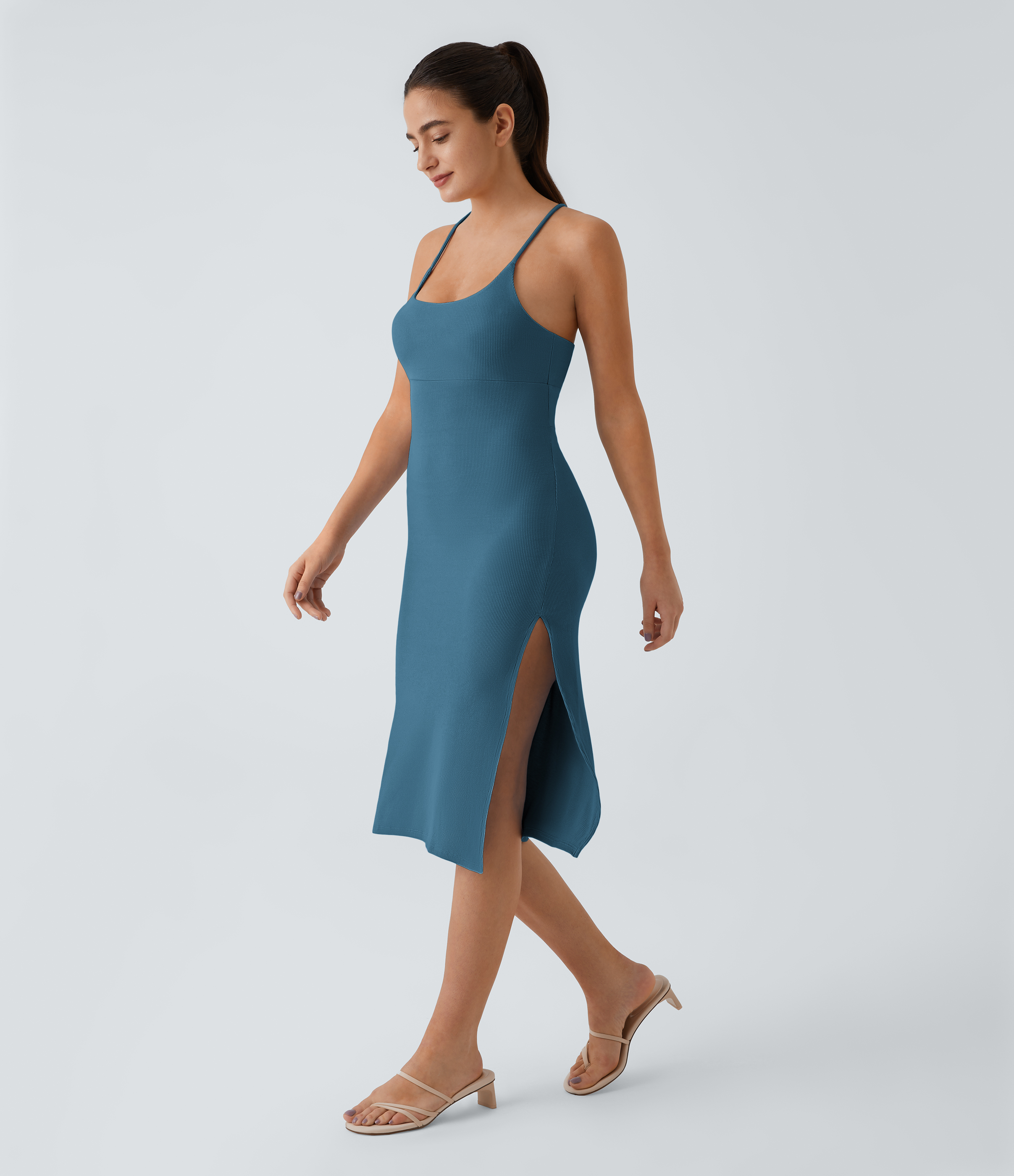 Halara Everyday Split Strap Bodycon Midi Chill Dress-Sensational Casual Dress - Bluesteel - XL slip dress beach dress ruched dress 