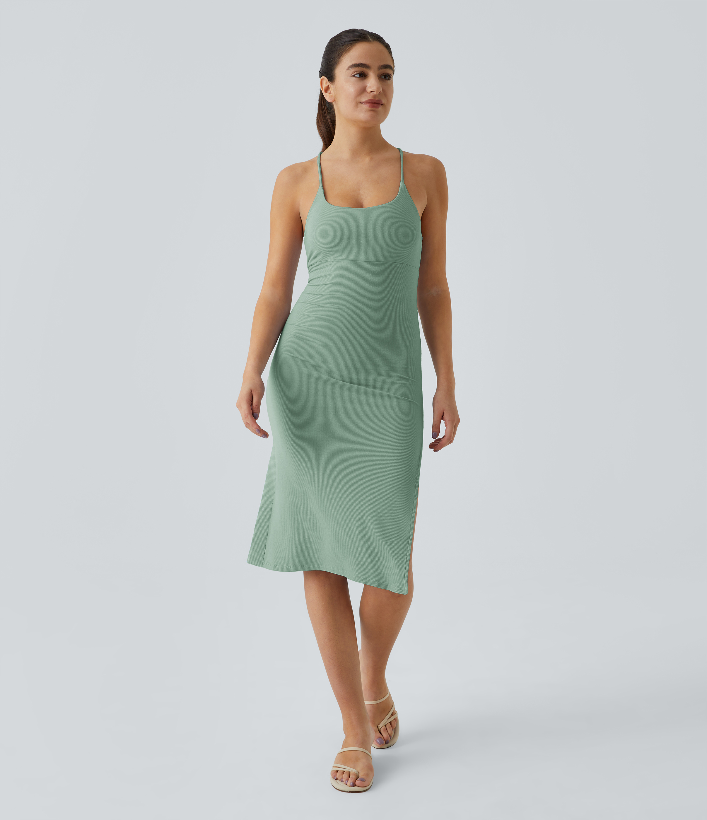 Halara Everyday Split Strap Bodycon Midi Chill Dress-Sensational Casual Dress - Granite Green - S slip dress beach dress ruched dress 