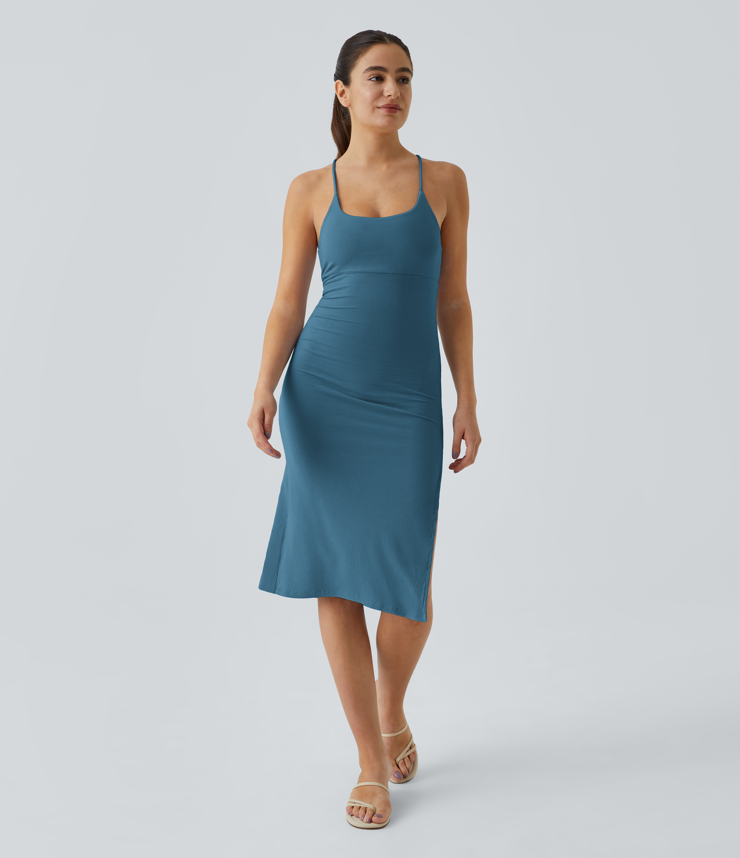 Halara Everyday Split Strap Bodycon Midi Chill Dress-Sensational Casual Dress - Bluesteel - XL slip dress beach dress ruched dress 
