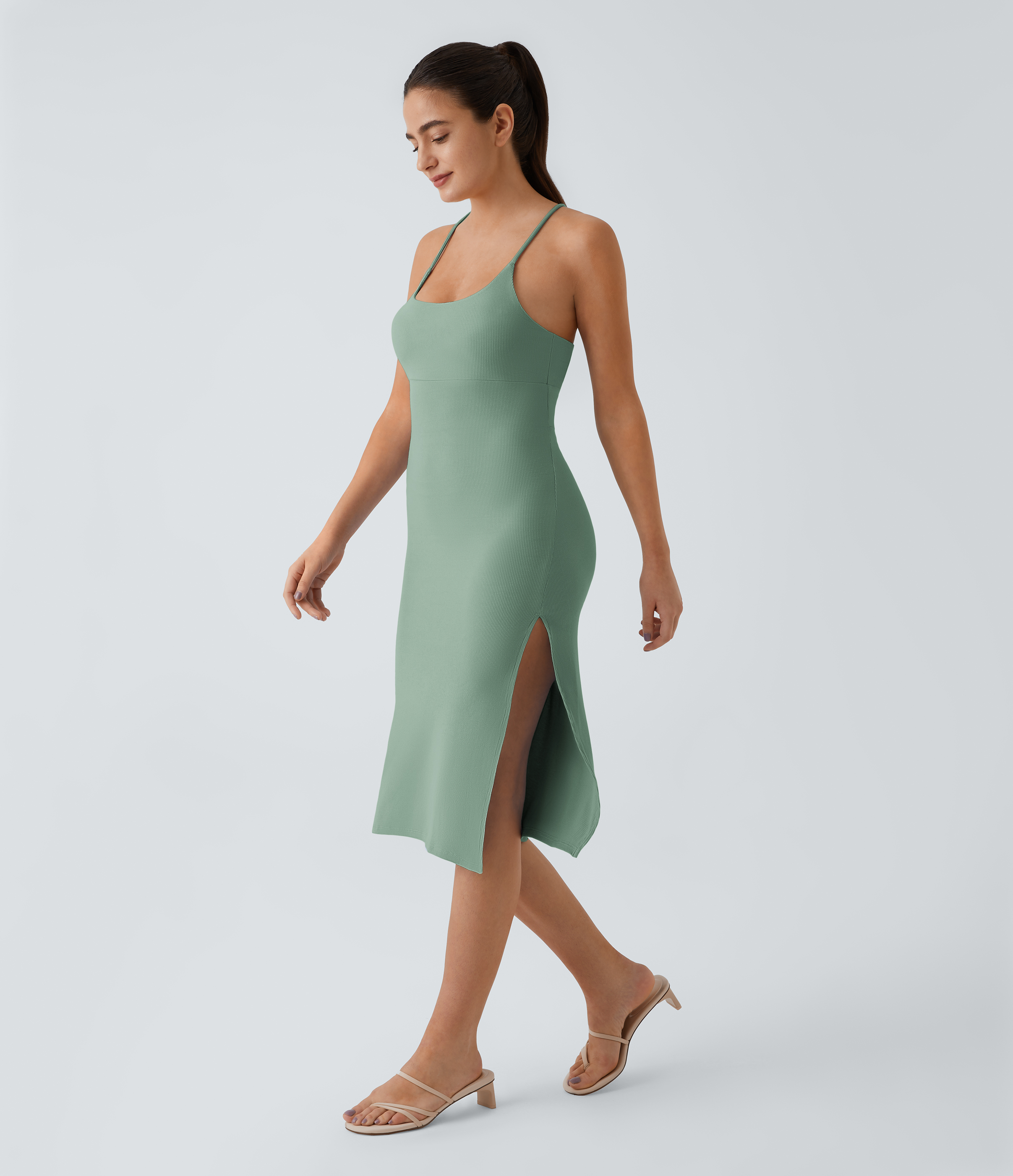 Halara Everyday Split Strap Bodycon Midi Chill Dress-Sensational Casual Dress - Granite Green - S slip dress beach dress ruched dress 