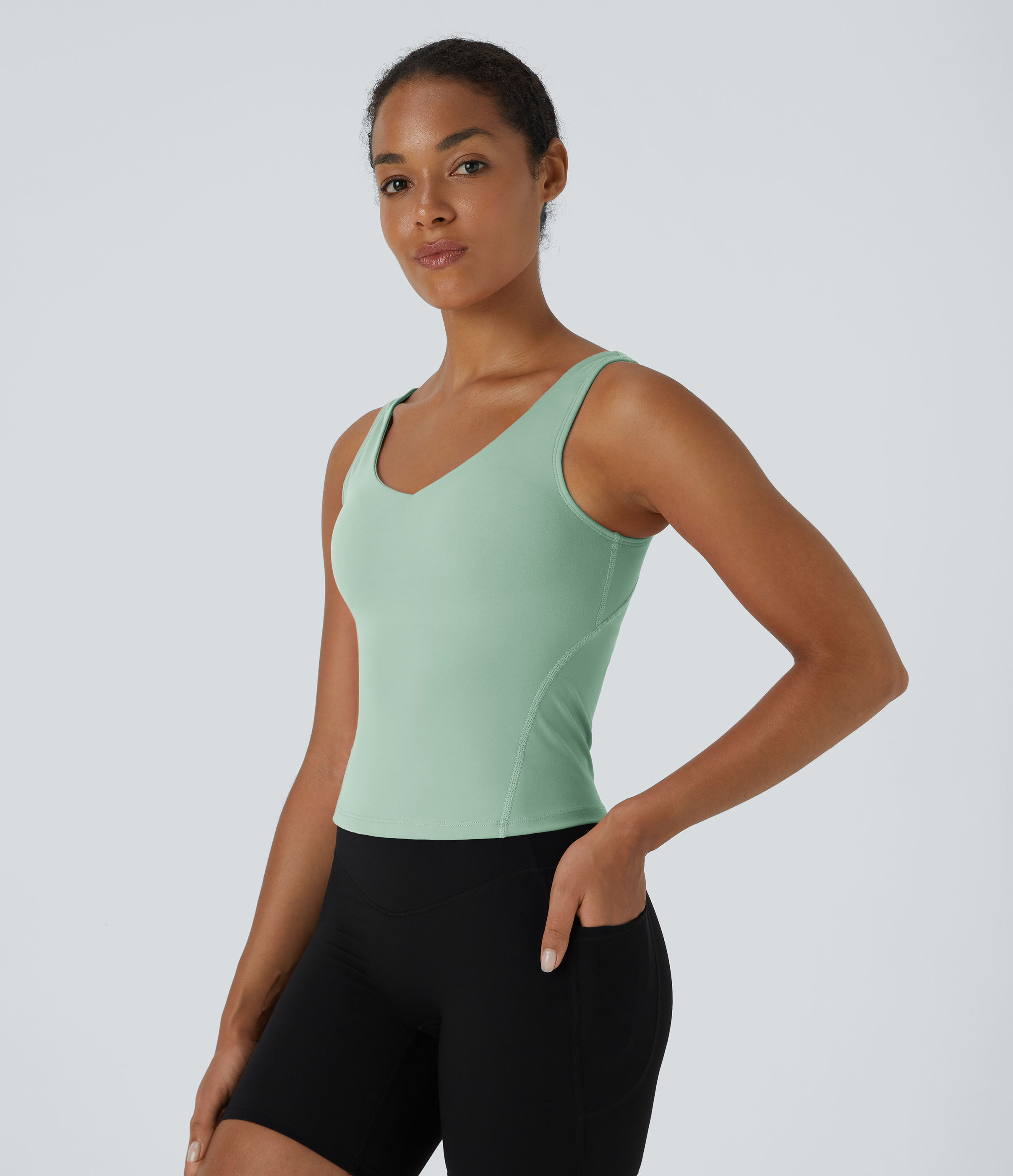 Halara Softlyzeroв„ў Plush Padded V Neck Plain Tank Top Tank Top - Subtle Green - L golf tops halter top tunic tops sleeveless tops 