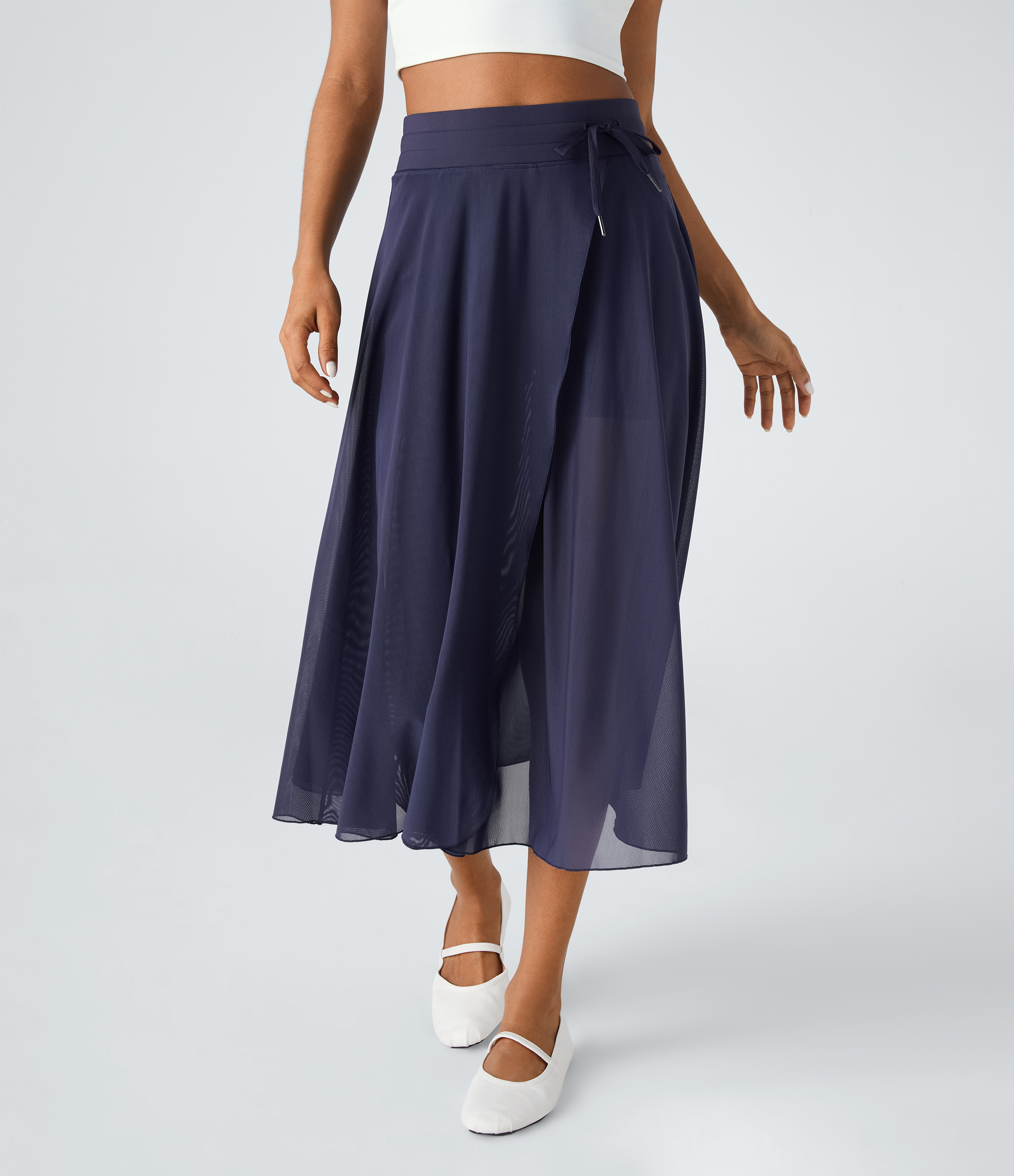 Halara High Waisted Drawstring Contrast Mesh 2-in-1 Side Pocket Flowy Midi Flare Casual Skirt  - Peacoat - XS midi skirt a line skirt 