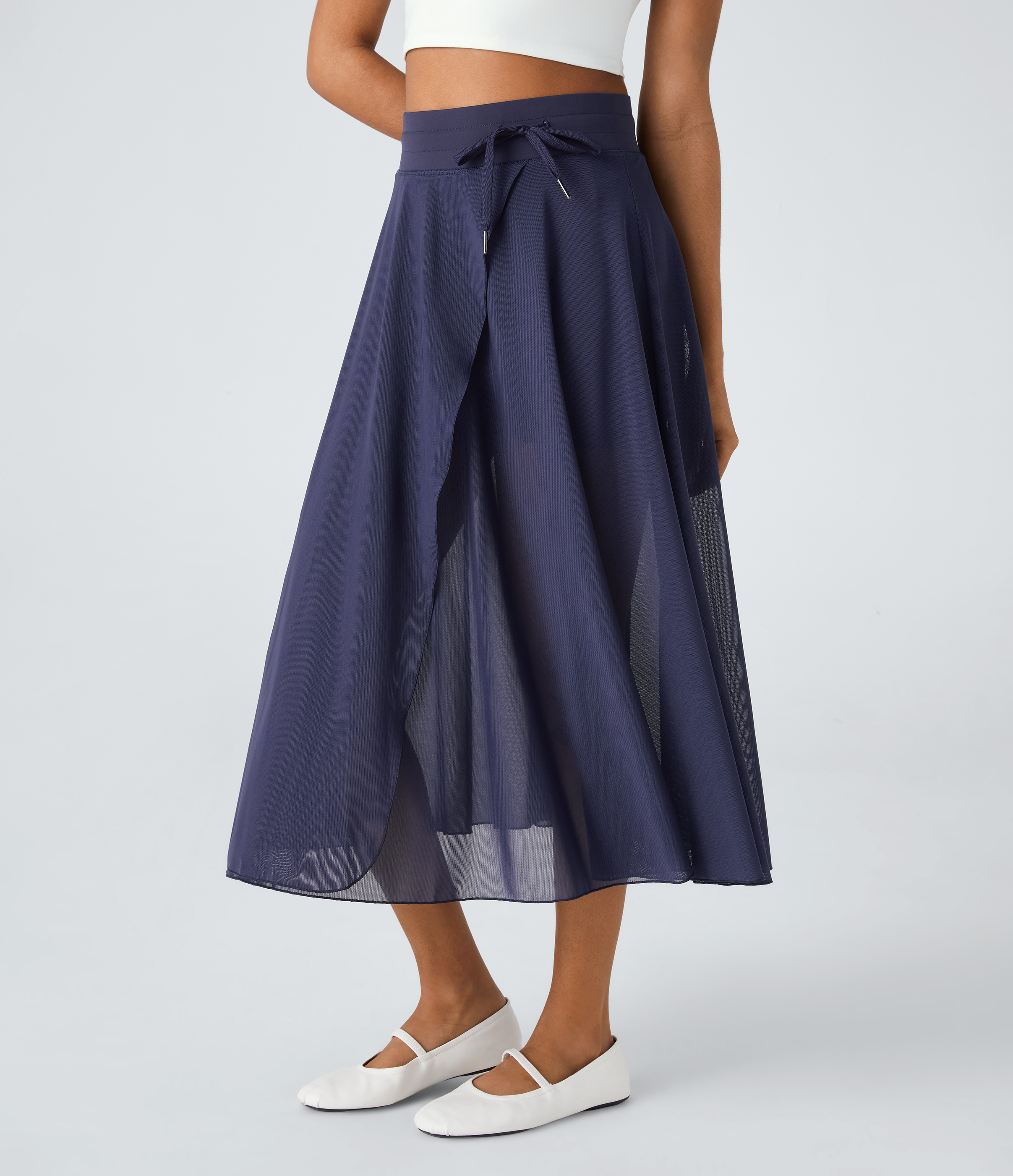 Halara High Waisted Drawstring Contrast Mesh 2-in-1 Side Pocket Flowy Midi Flare Casual Skirt  - Peacoat - XS midi skirt a line skirt 