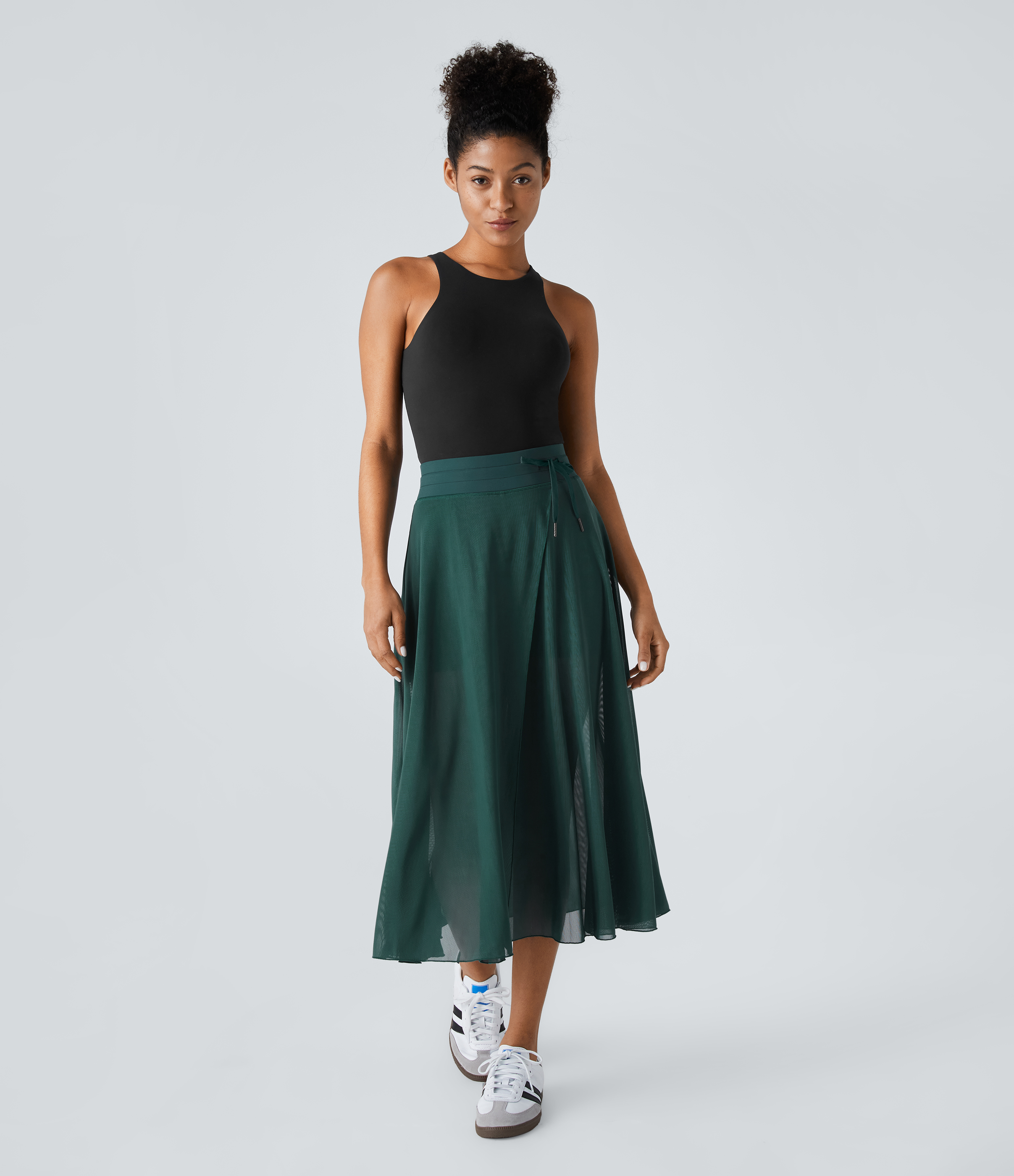 Halara High Waisted Drawstring Contrast Mesh 2-in-1 Side Pocket Flowy Midi Flare Casual Skirt  - Nature Green - XL midi skirt a line skirt 