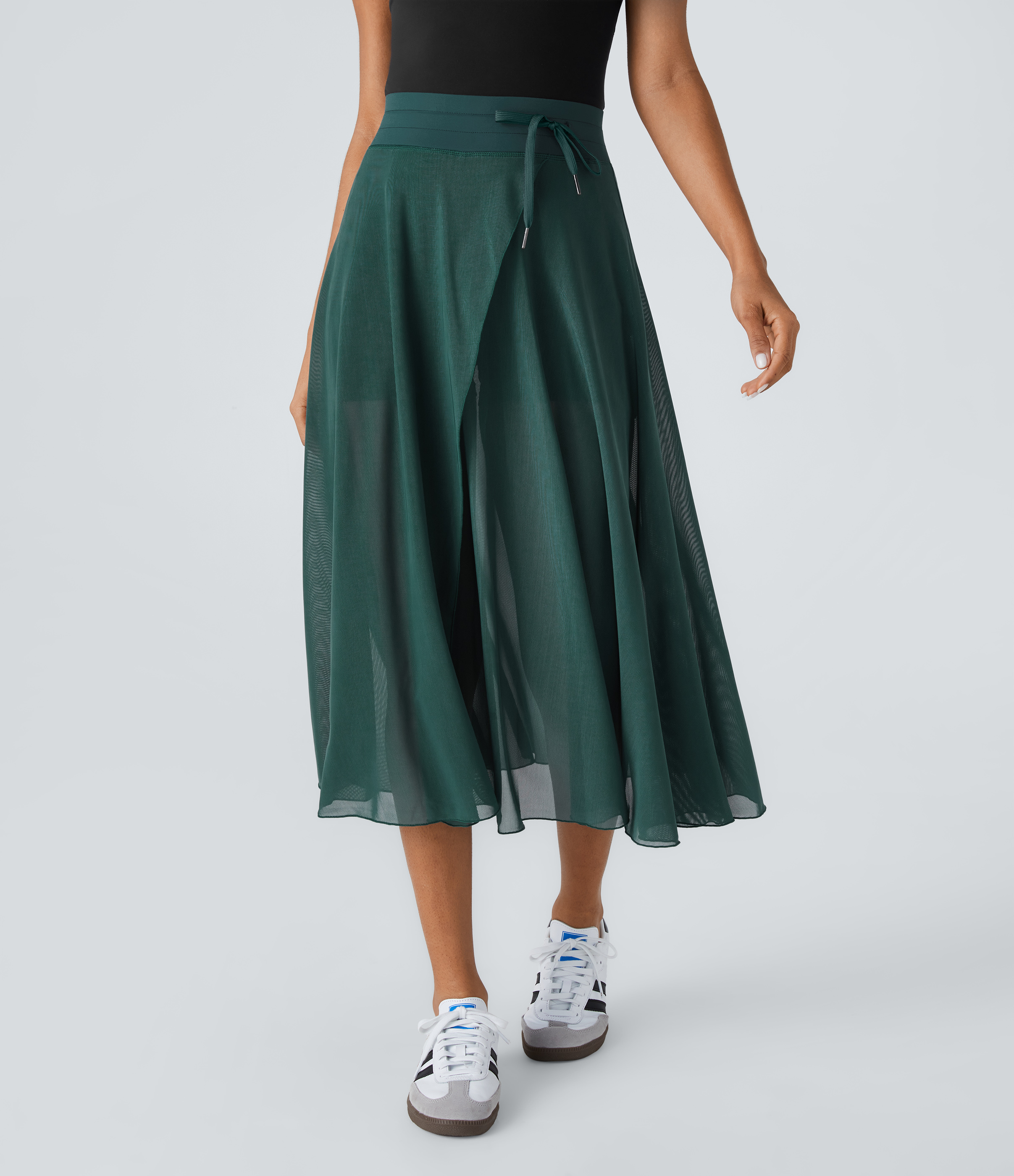 Halara High Waisted Drawstring Contrast Mesh 2-in-1 Side Pocket Flowy Midi Flare Casual Skirt  - Nature Green - XL midi skirt a line skirt 