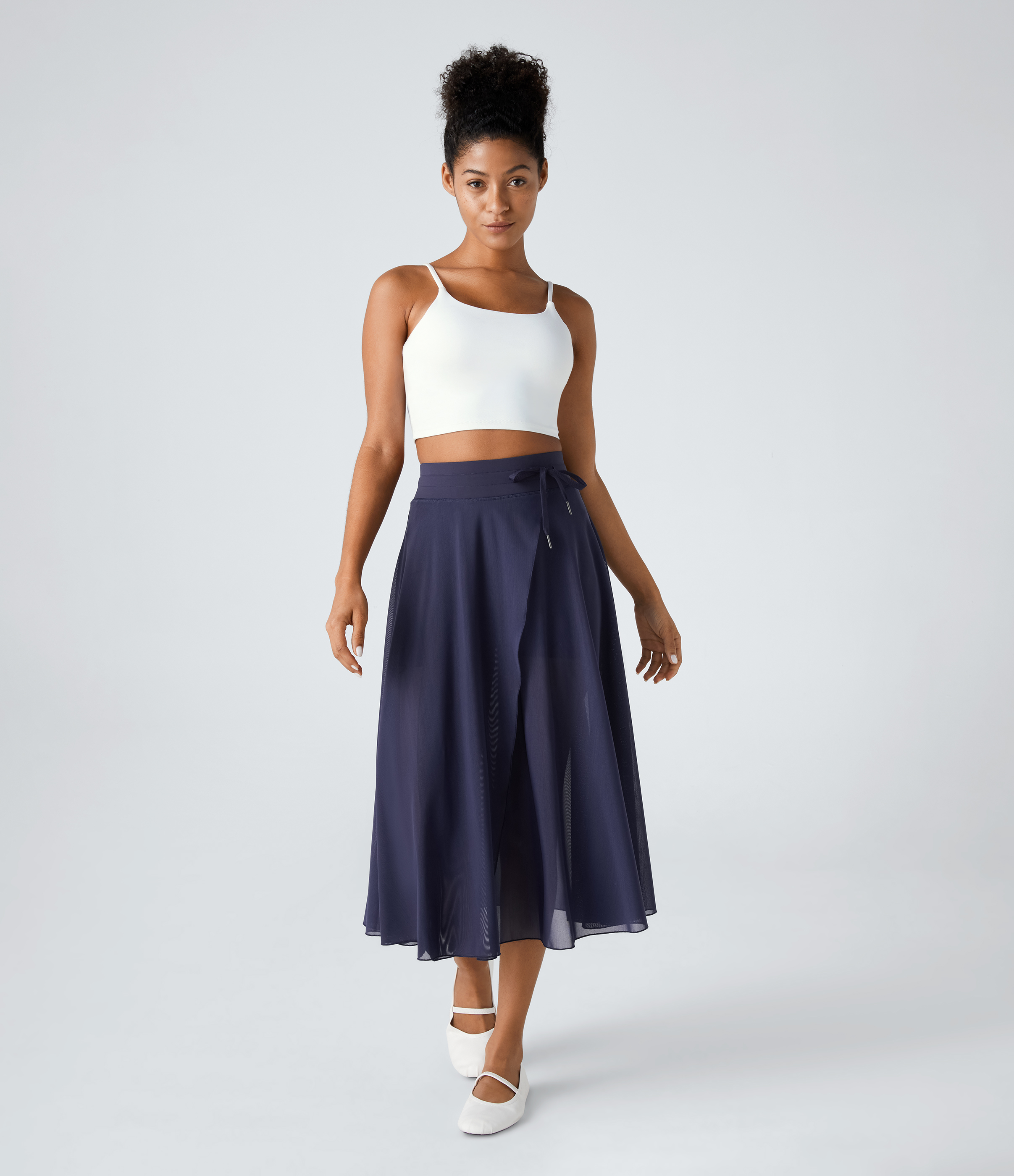 Halara High Waisted Drawstring Contrast Mesh 2-in-1 Side Pocket Flowy Midi Flare Casual Skirt  - Peacoat - XS midi skirt a line skirt 