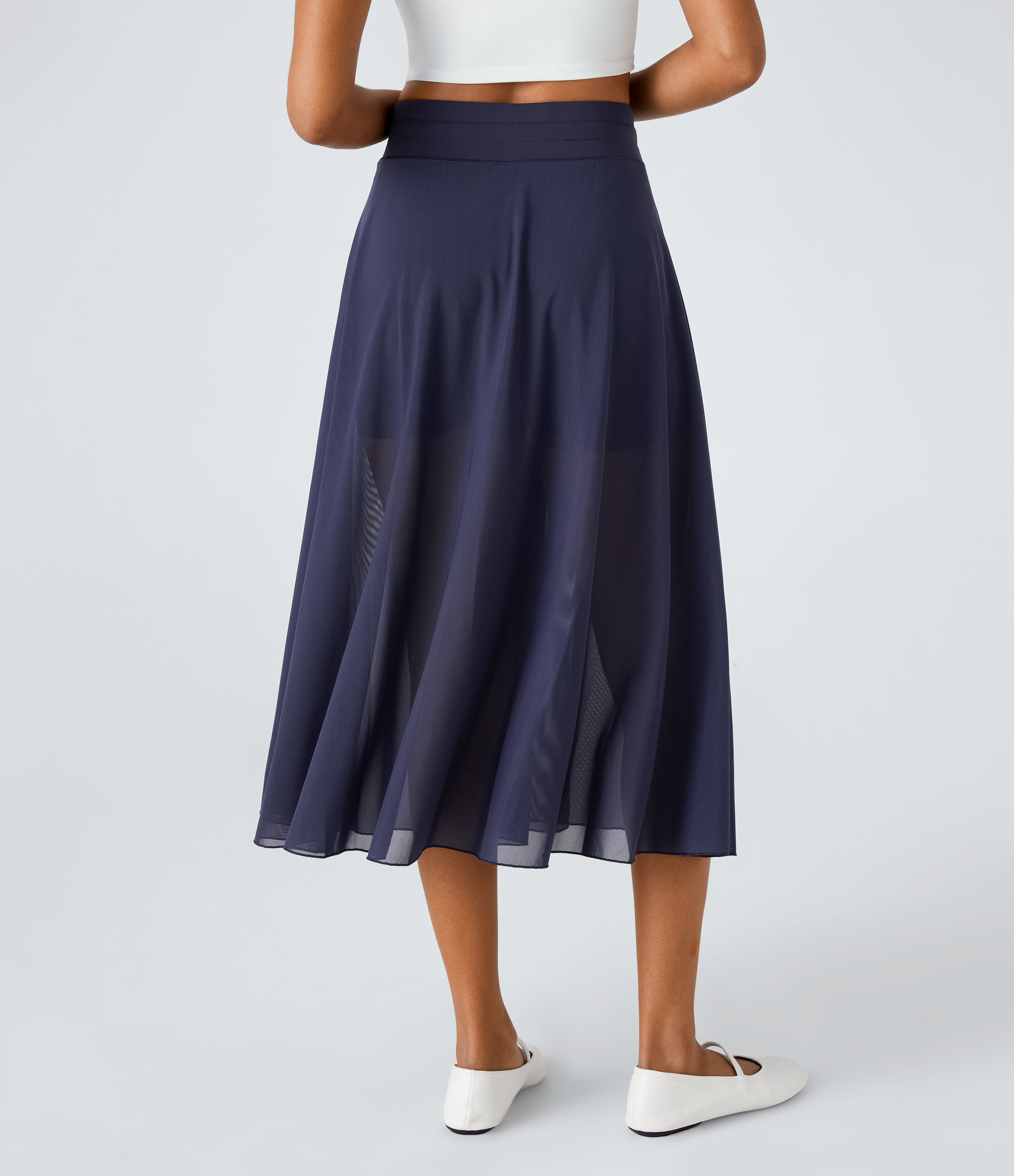 Halara High Waisted Drawstring Contrast Mesh 2-in-1 Side Pocket Flowy Midi Flare Casual Skirt  - Peacoat - XS midi skirt a line skirt 