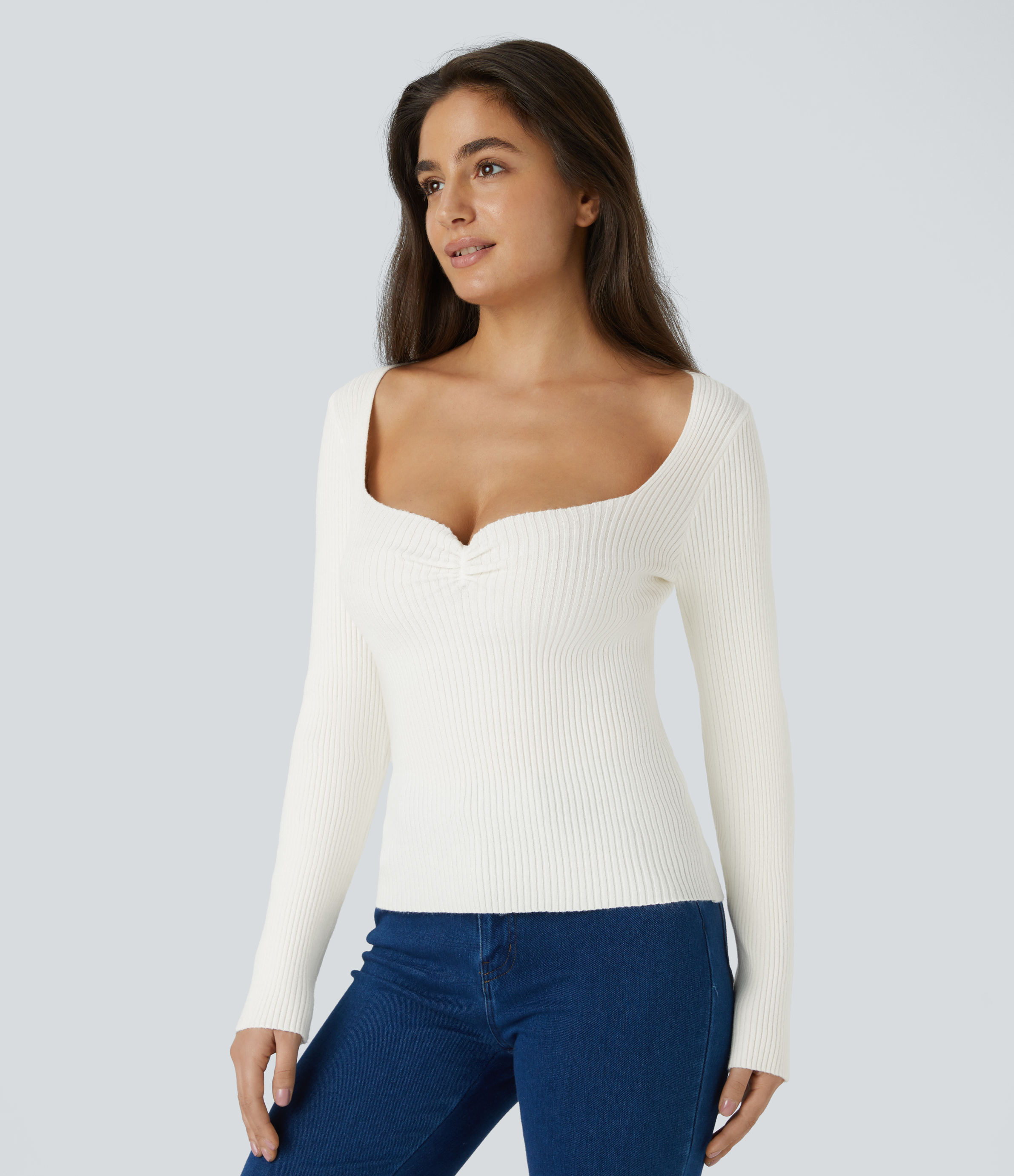 Halara Sweetheart Neck Long Sleeve Slim Casual Sweater  - White - XS 