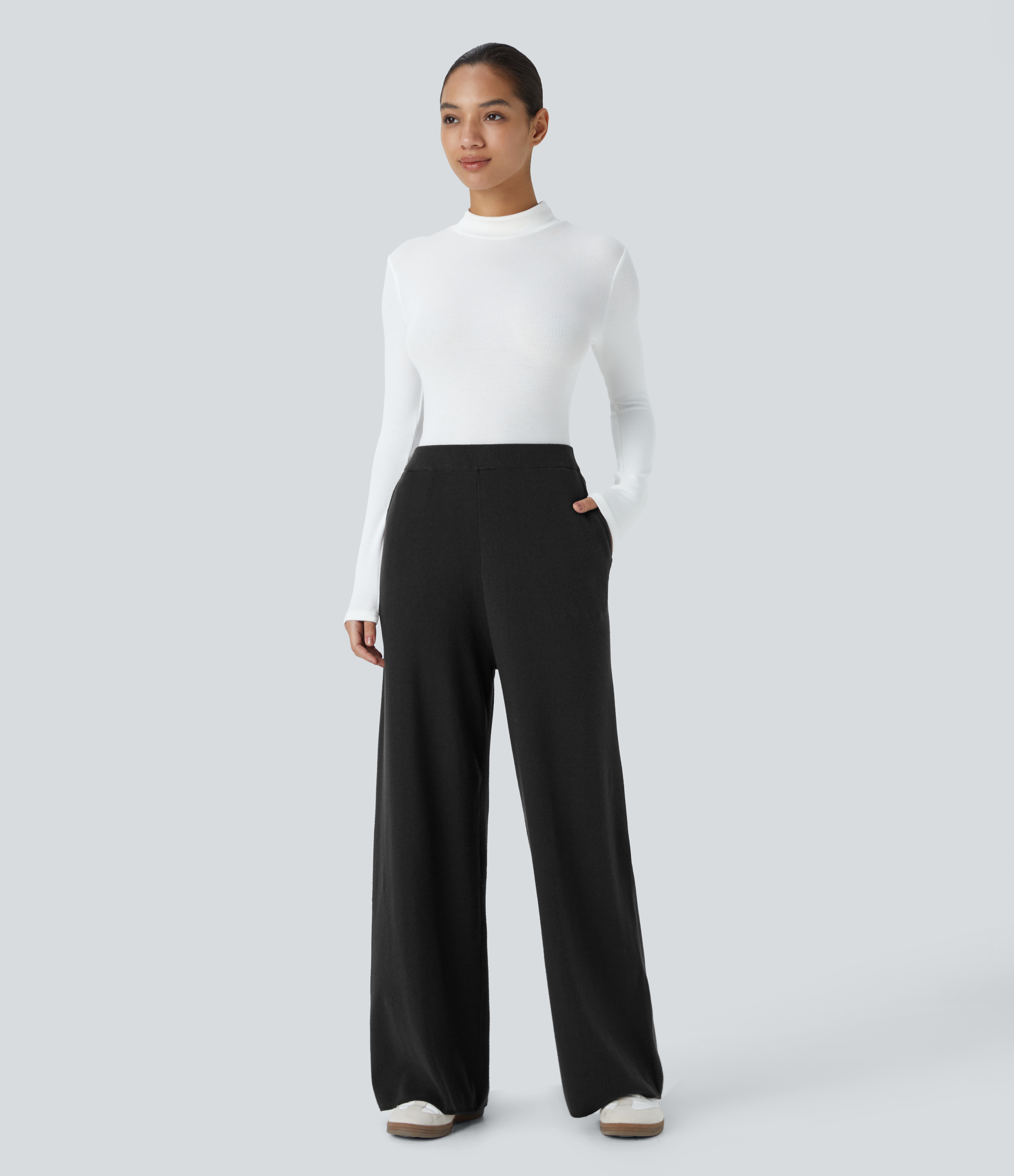Halara High Waisted Side Pocket Wide Leg Casual Pants  - Black - XL(regular) sweatpants jogger pants stacked sweatpants cargo joggers 