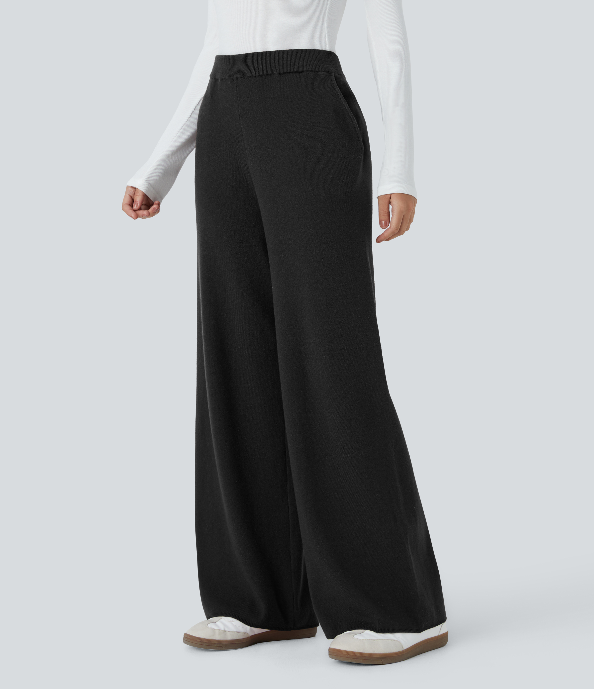 Halara High Waisted Side Pocket Wide Leg Casual Pants  - Black - XL(regular) sweatpants jogger pants stacked sweatpants cargo joggers 