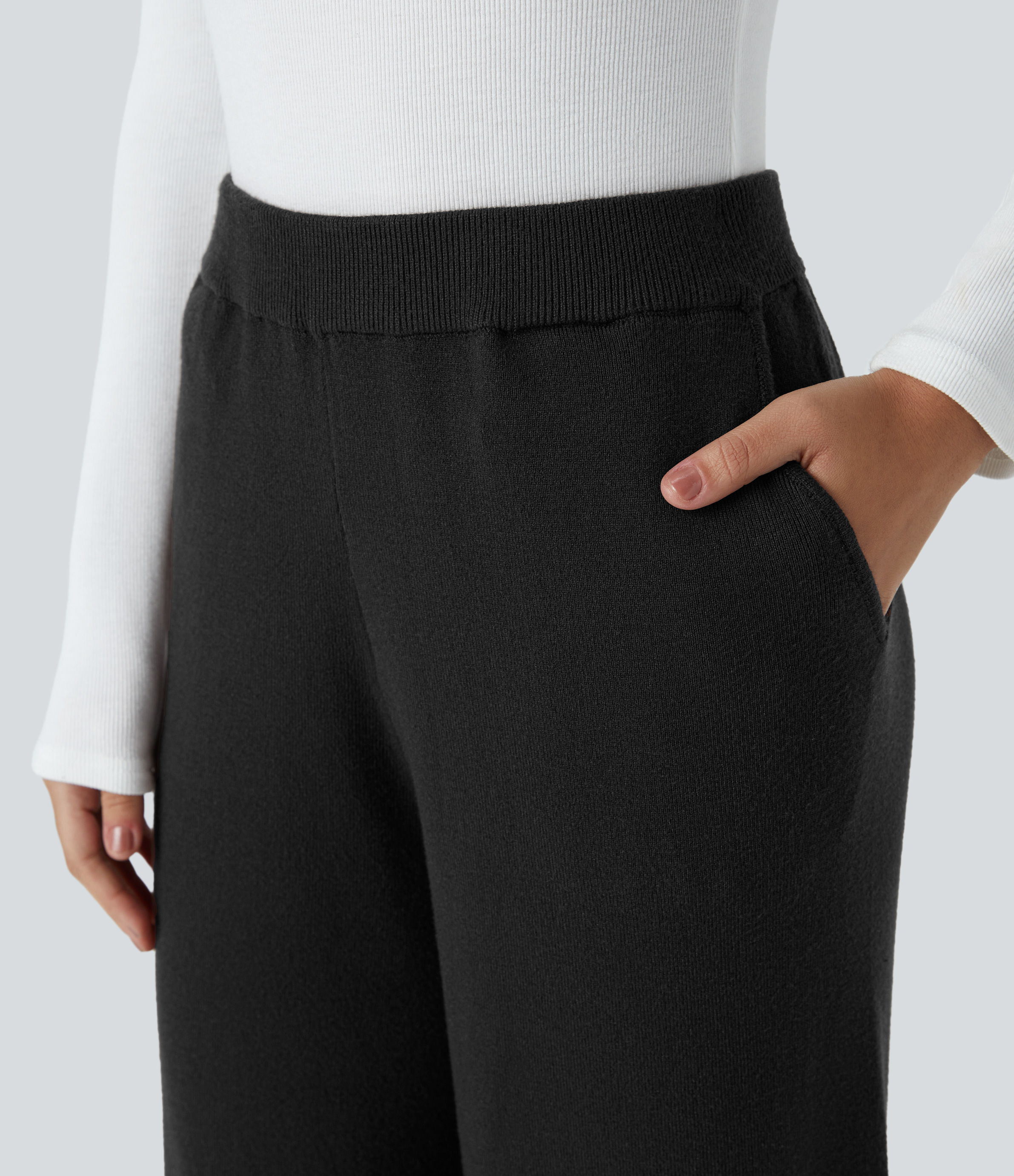 Halara High Waisted Side Pocket Wide Leg Casual Pants  - Black - XL(regular) sweatpants jogger pants stacked sweatpants cargo joggers 
