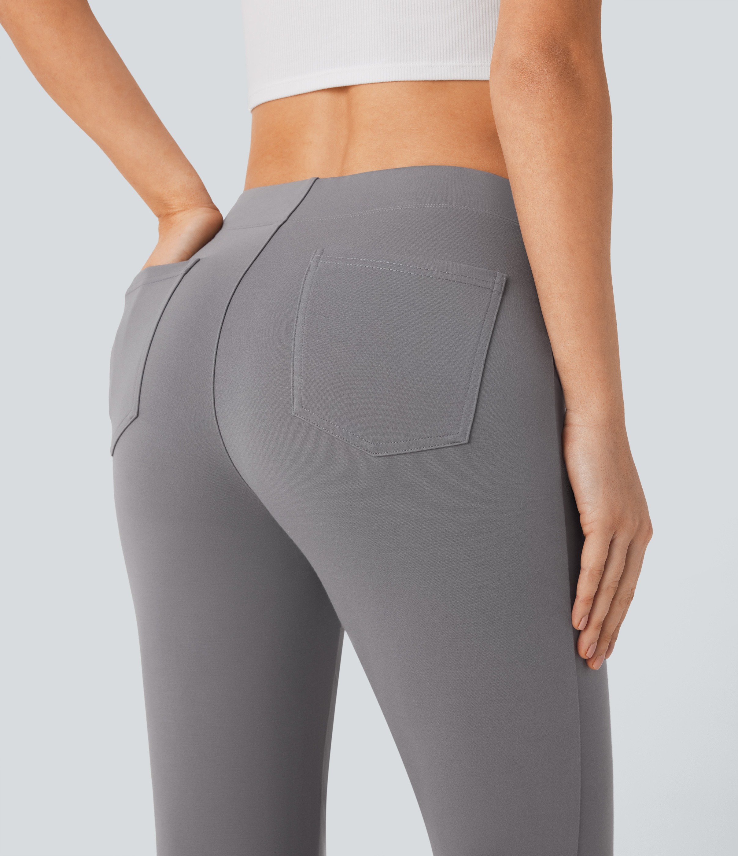 Halara Halara Flexв„ў Mid Rise Back Side Pocket Split Slight Flare Capri Work Pants  - Putty Gray - S(regular) sweatpants jogger pants 