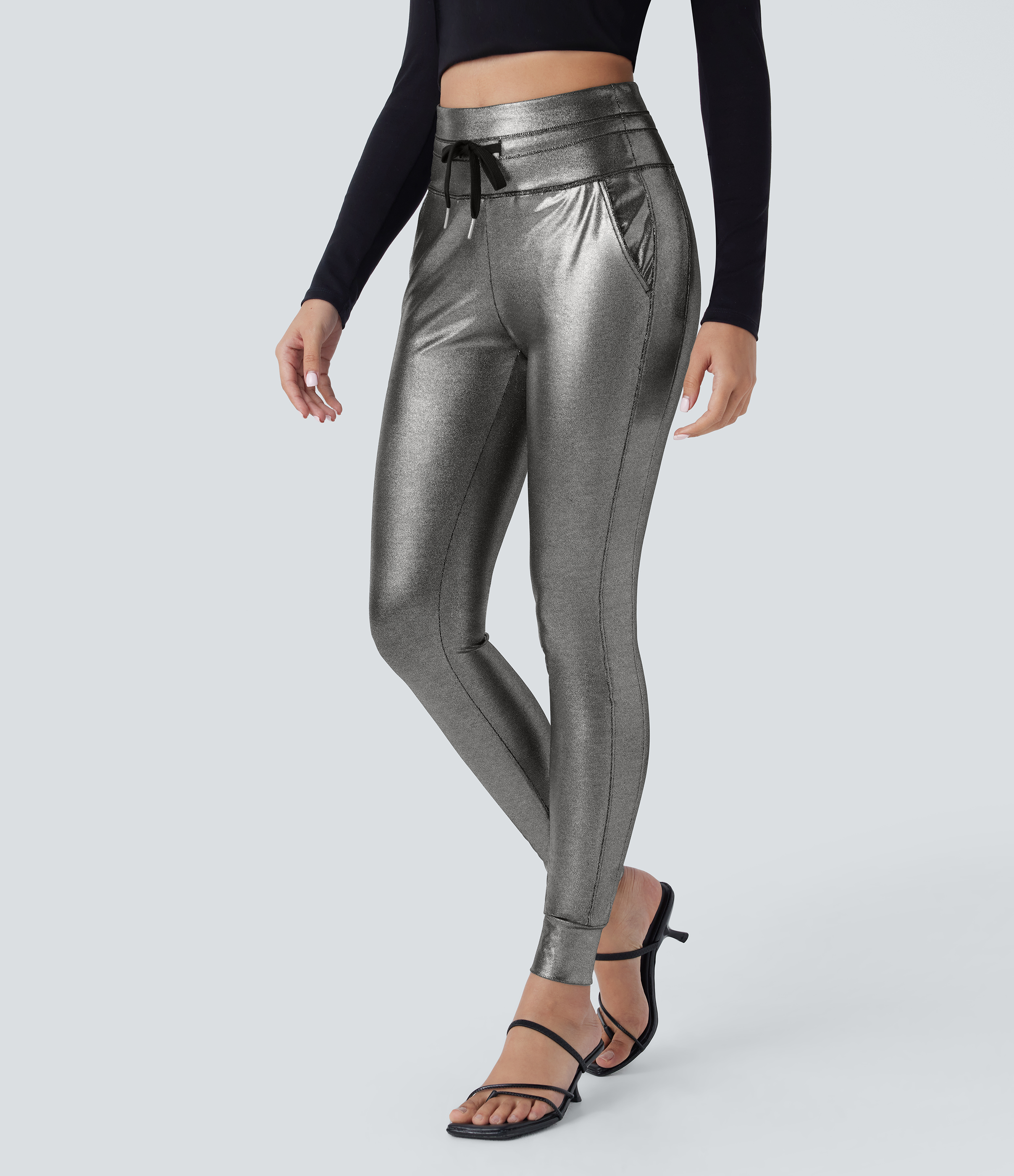 Halara Softlyzeroв„ў Faux Leather High Waisted Drawstring Side Pocket Metallic Foil Print Stretchy Party Joggers  - Shiny Black Silver - M(regular) 