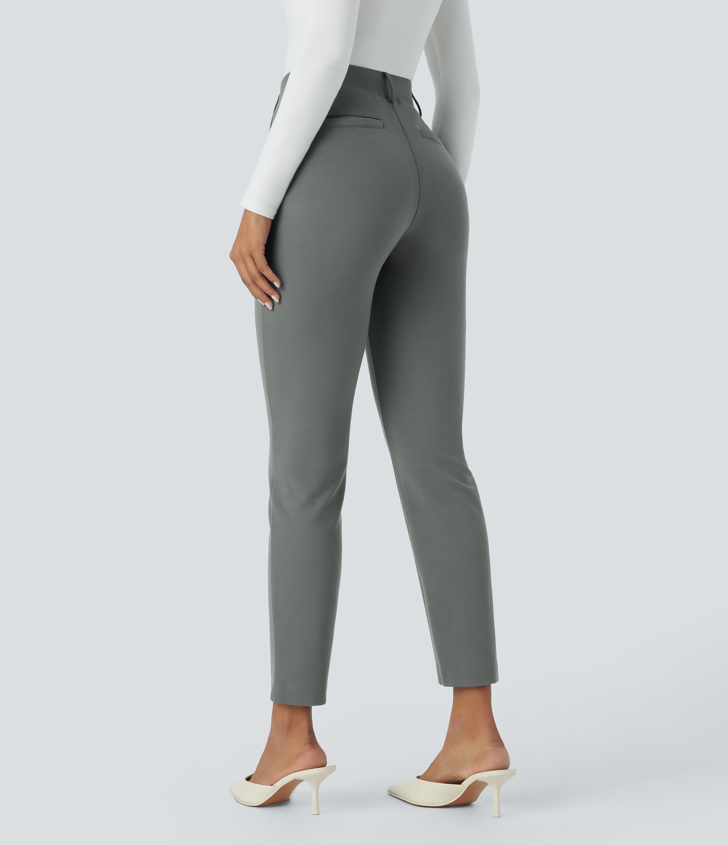 Halara High Waisted Back Pocket Solid Work Tapered Pants  - Sedona Sage - L(regular) sweatpants jogger pants stacked sweatpants cargo joggers 