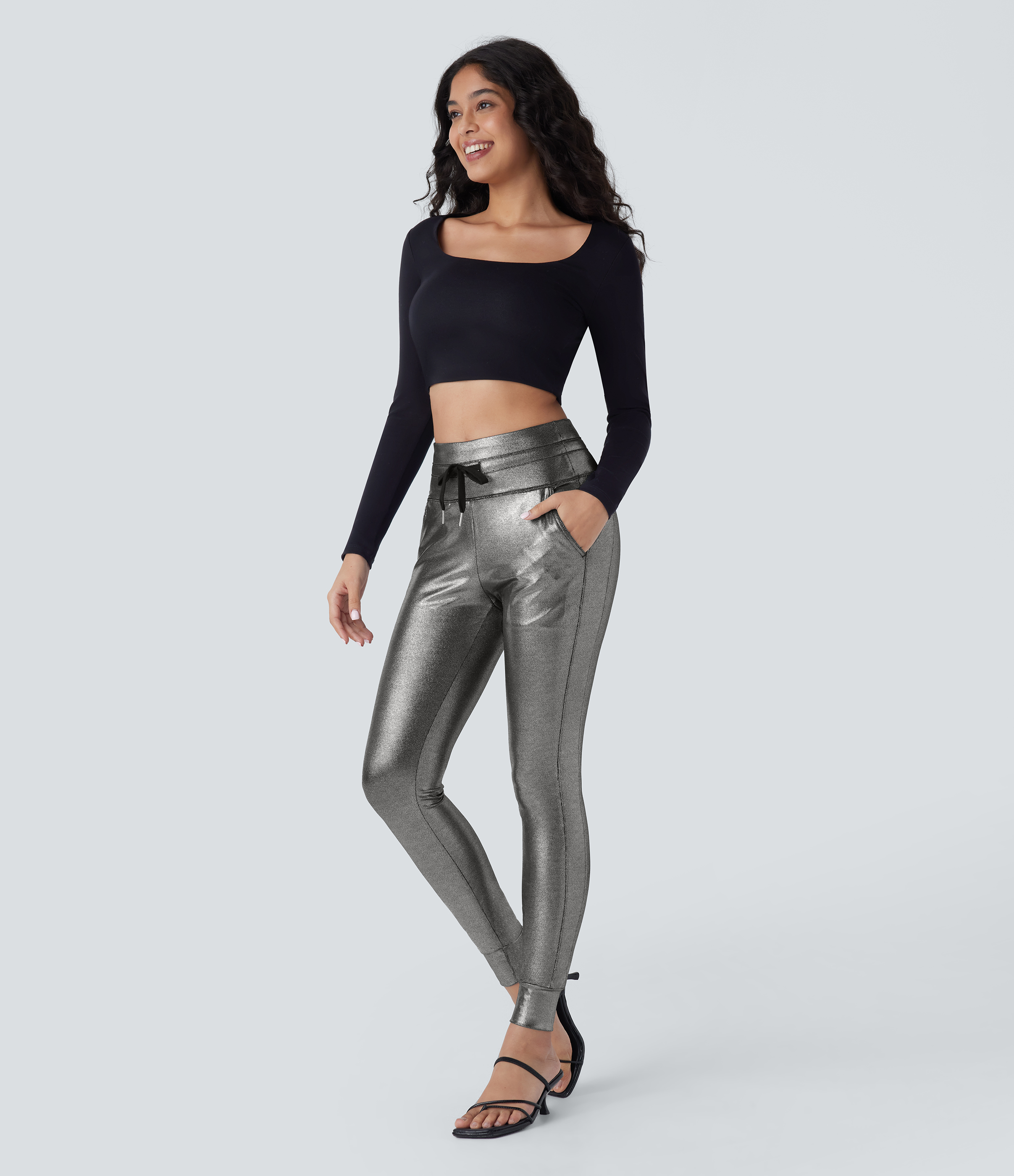 Halara Softlyzeroв„ў Faux Leather High Waisted Drawstring Side Pocket Metallic Foil Print Stretchy Party Joggers  - Shiny Black Silver - M(regular) 