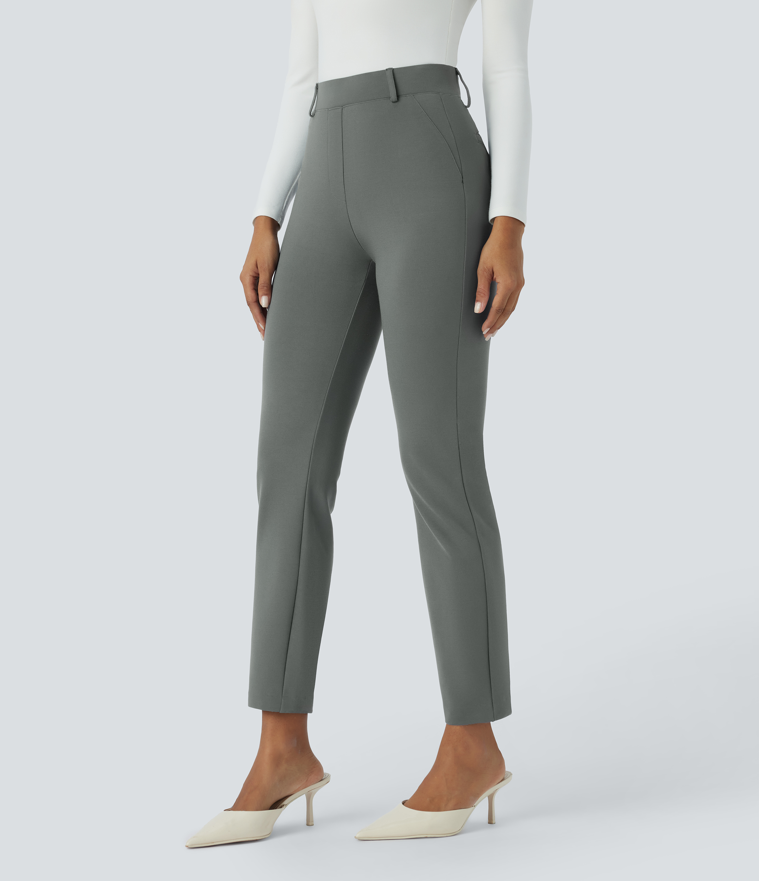 Halara High Waisted Back Pocket Solid Work Tapered Pants  - Sedona Sage - L(regular) sweatpants jogger pants stacked sweatpants cargo joggers 