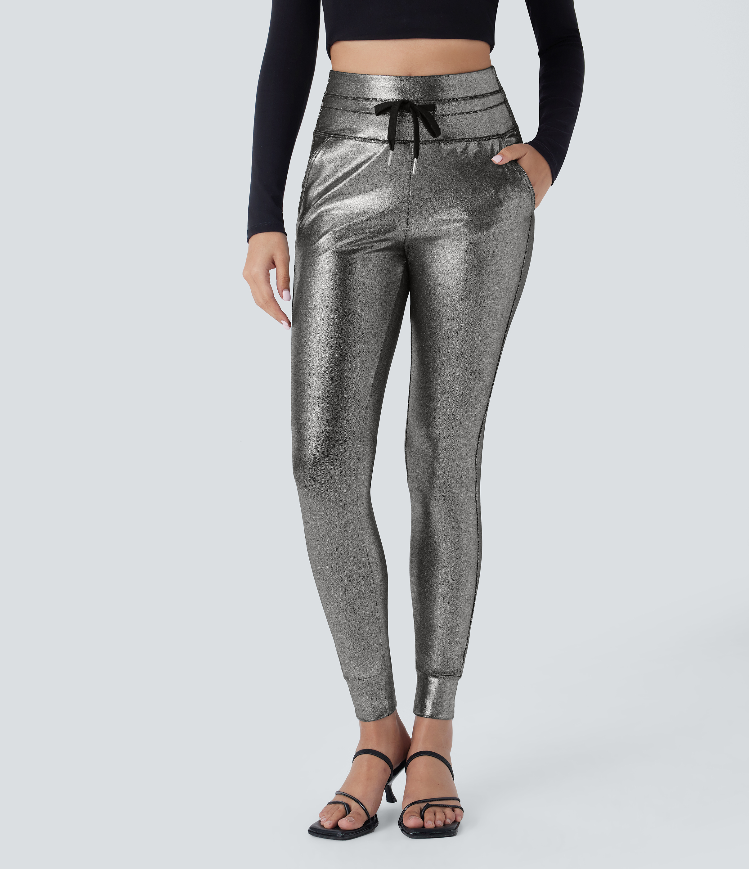 Halara Softlyzeroв„ў Faux Leather High Waisted Drawstring Side Pocket Metallic Foil Print Stretchy Party Joggers  - Shiny Black Silver - M(regular) 