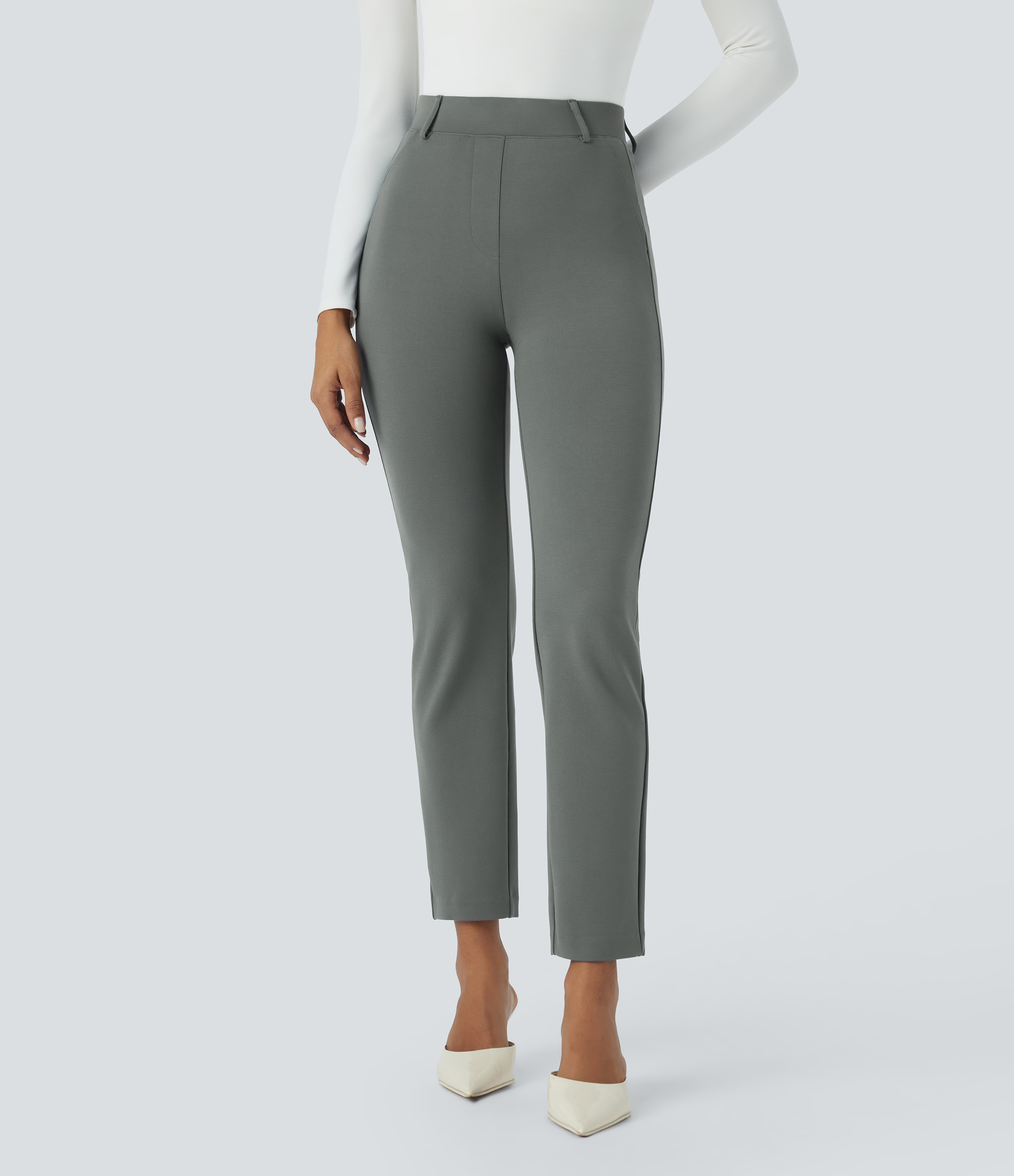 Halara High Waisted Back Pocket Solid Work Tapered Pants  - Sedona Sage - L(regular) sweatpants jogger pants stacked sweatpants cargo joggers 