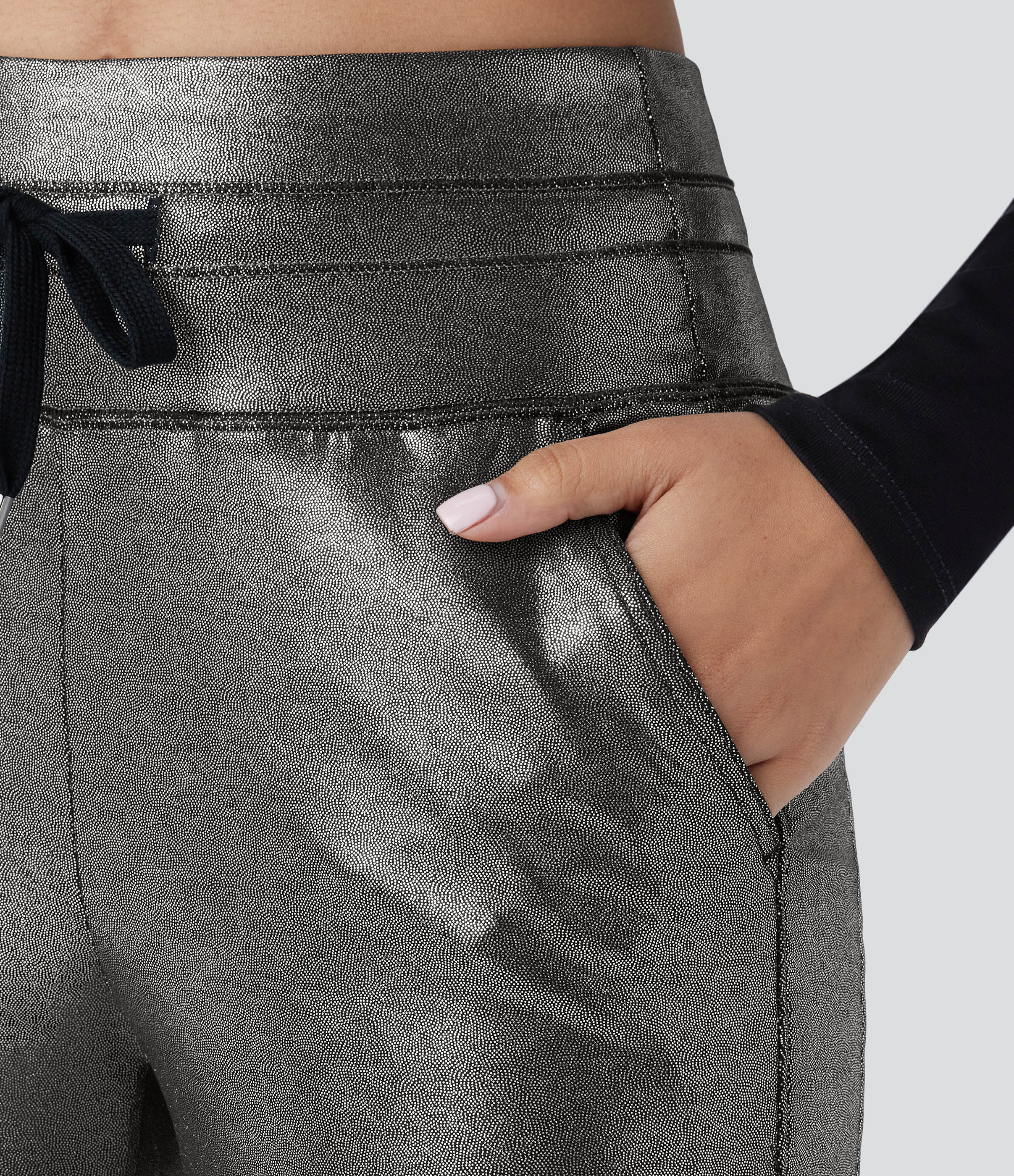 Halara Softlyzeroв„ў Faux Leather High Waisted Drawstring Side Pocket Metallic Foil Print Stretchy Party Joggers  - Shiny Black Silver - M(regular) 