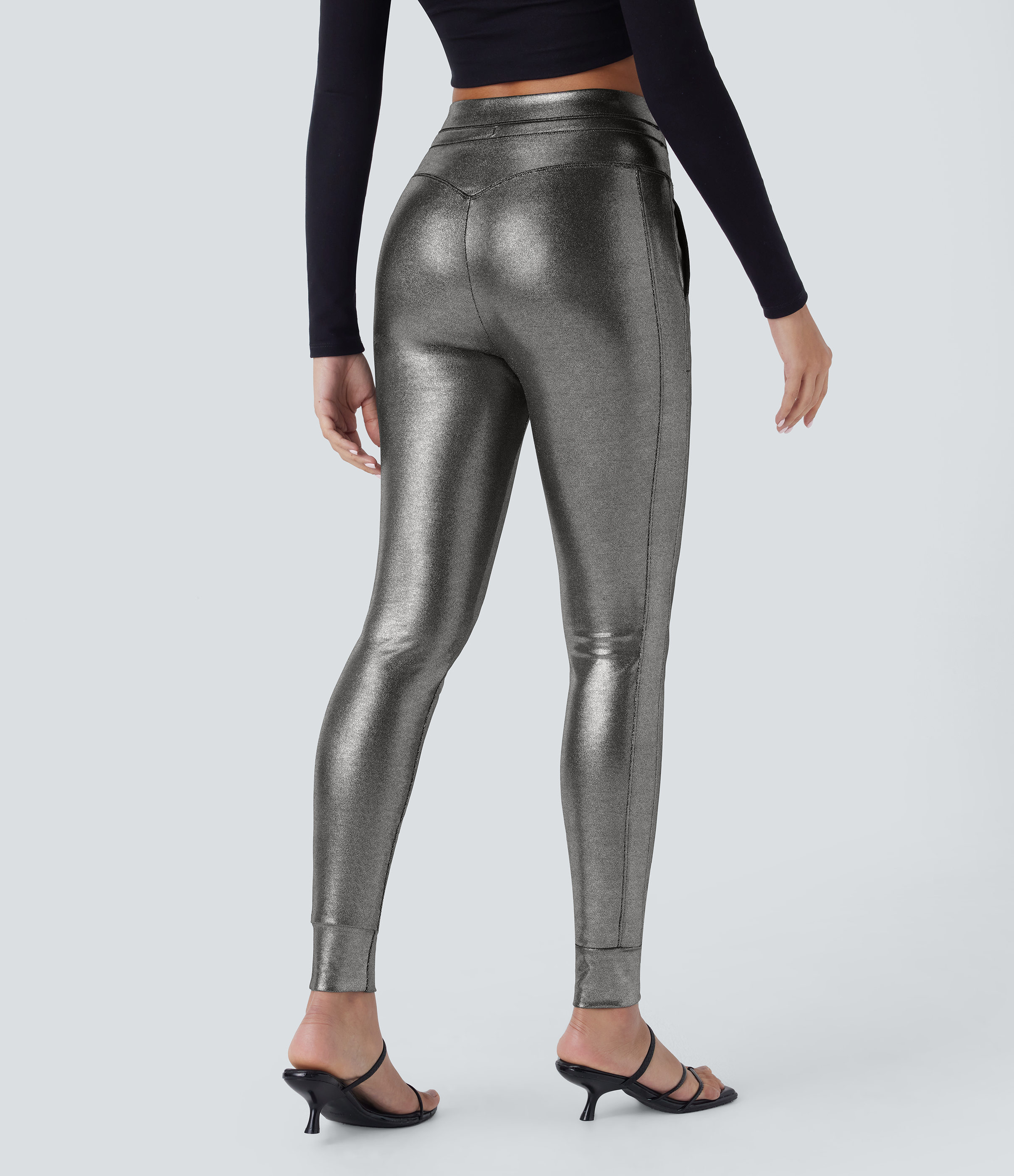 Halara Softlyzeroв„ў Faux Leather High Waisted Drawstring Side Pocket Metallic Foil Print Stretchy Party Joggers  - Shiny Black Silver - M(regular) 