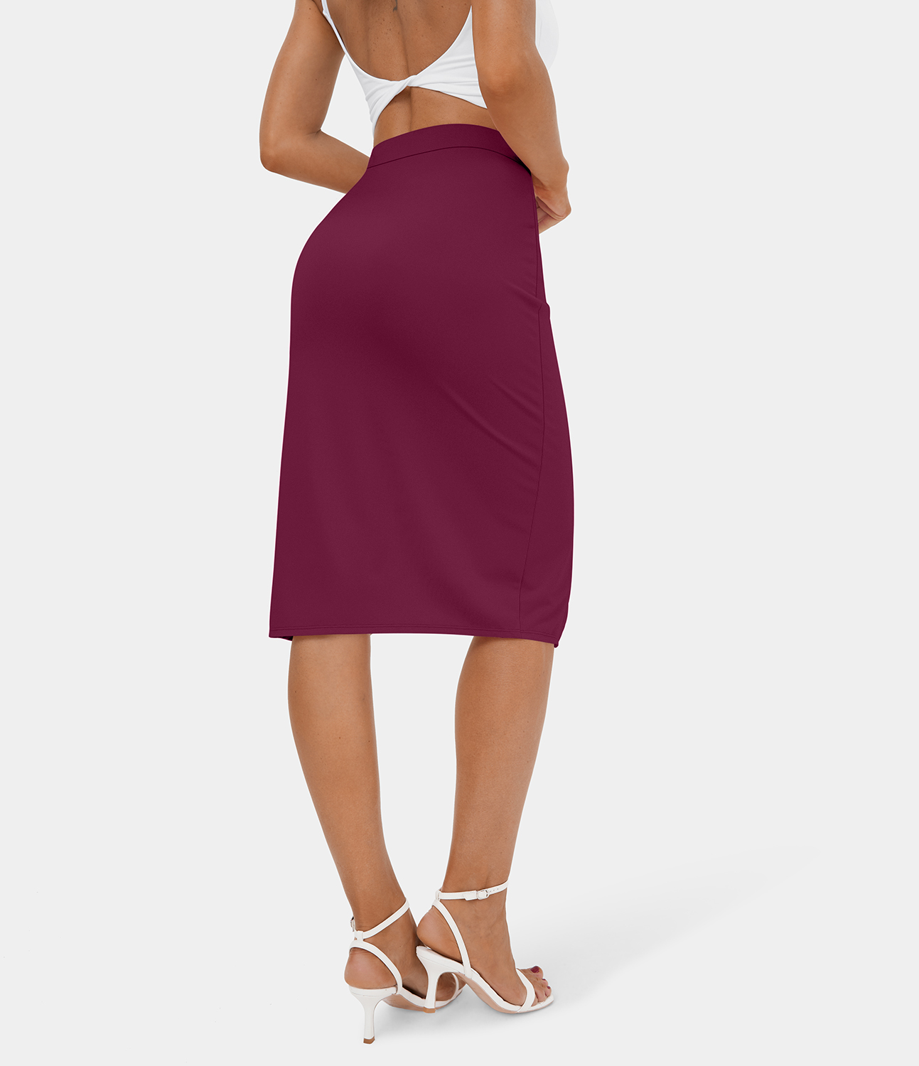 Halara Ruched Split Hem Bodycon Midi Casual Skirt  - Red Violet - S 