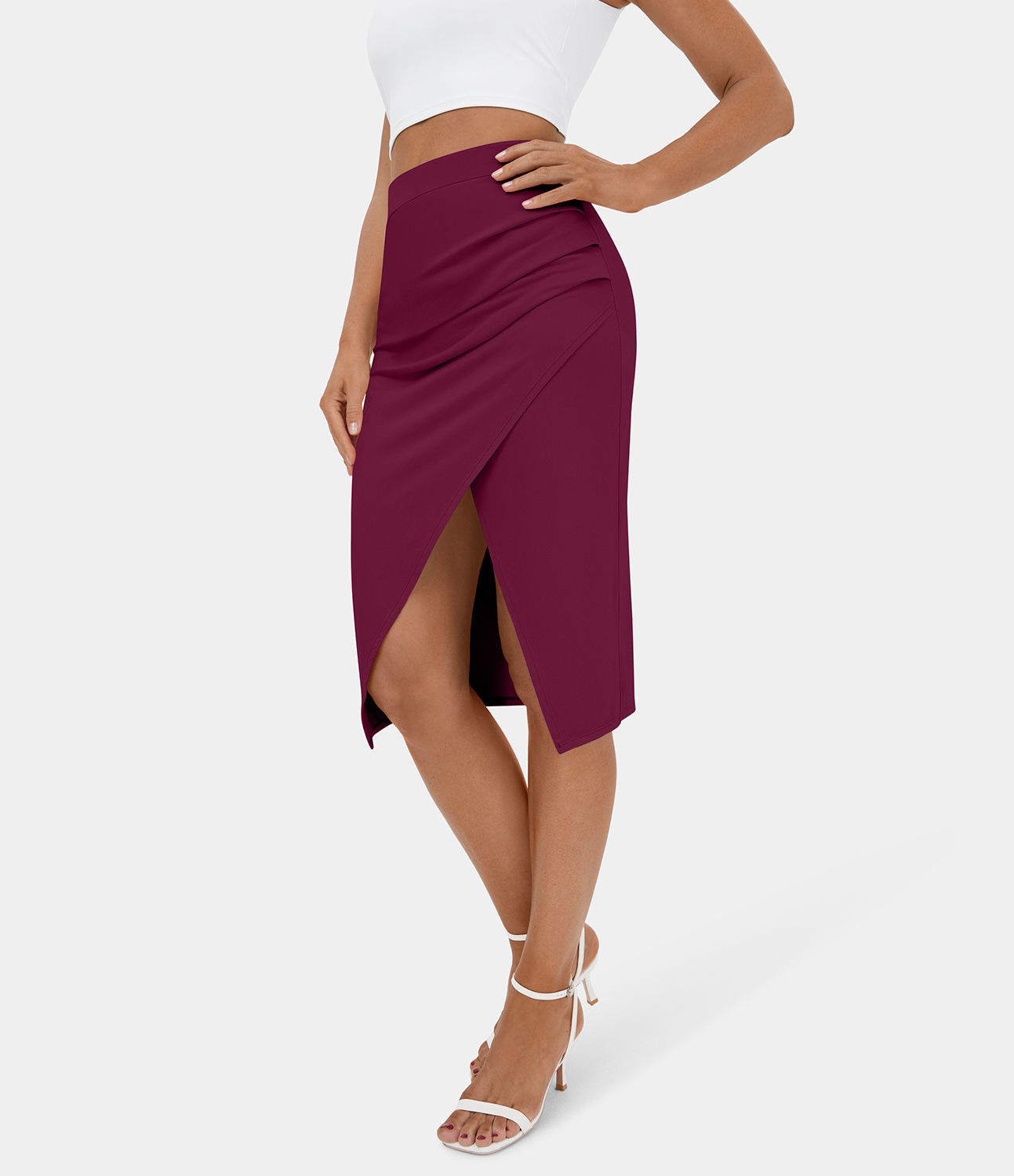 Halara Ruched Split Hem Bodycon Midi Casual Skirt  - Red Violet - S 