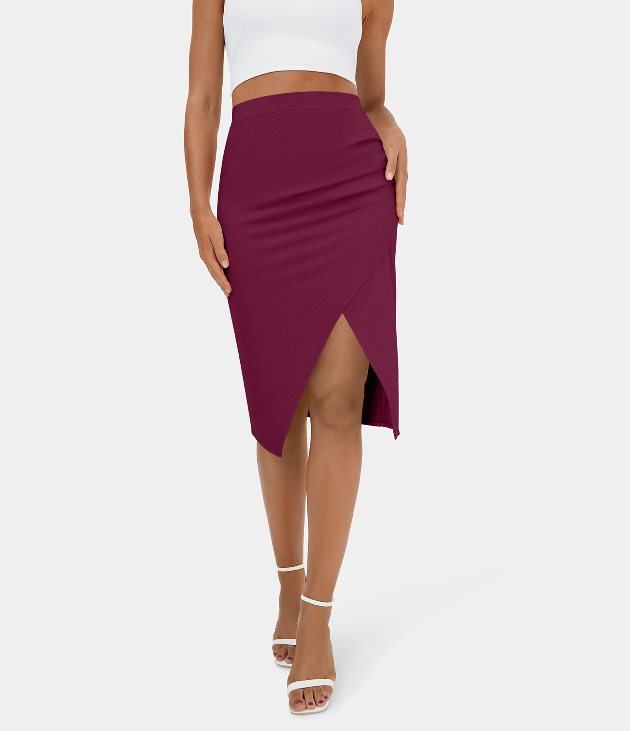 Halara Ruched Split Hem Bodycon Midi Casual Skirt  - Red Violet - S 
