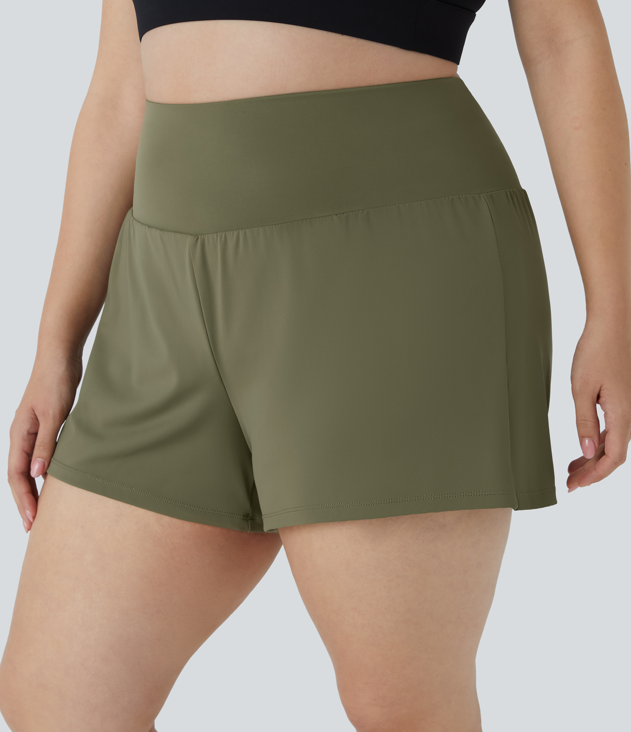 Halara Back Pocket Plus Side Hidden Pocket 2-in-1 Gym Plus Size Shorts 3.5``  - Withered Green - 1X 
