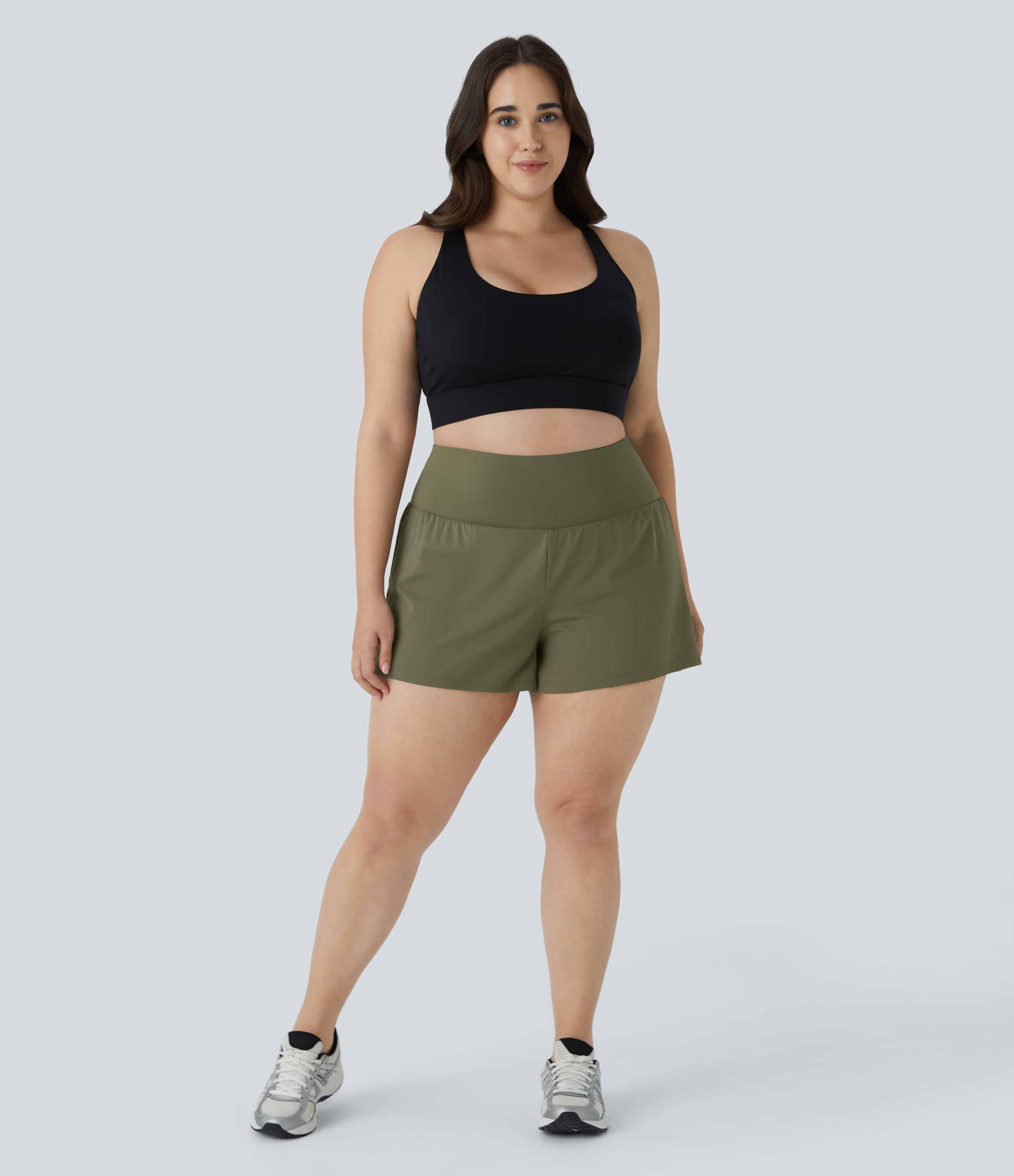 Halara Back Pocket Plus Side Hidden Pocket 2-in-1 Gym Plus Size Shorts 3.5``  - Withered Green - 1X 