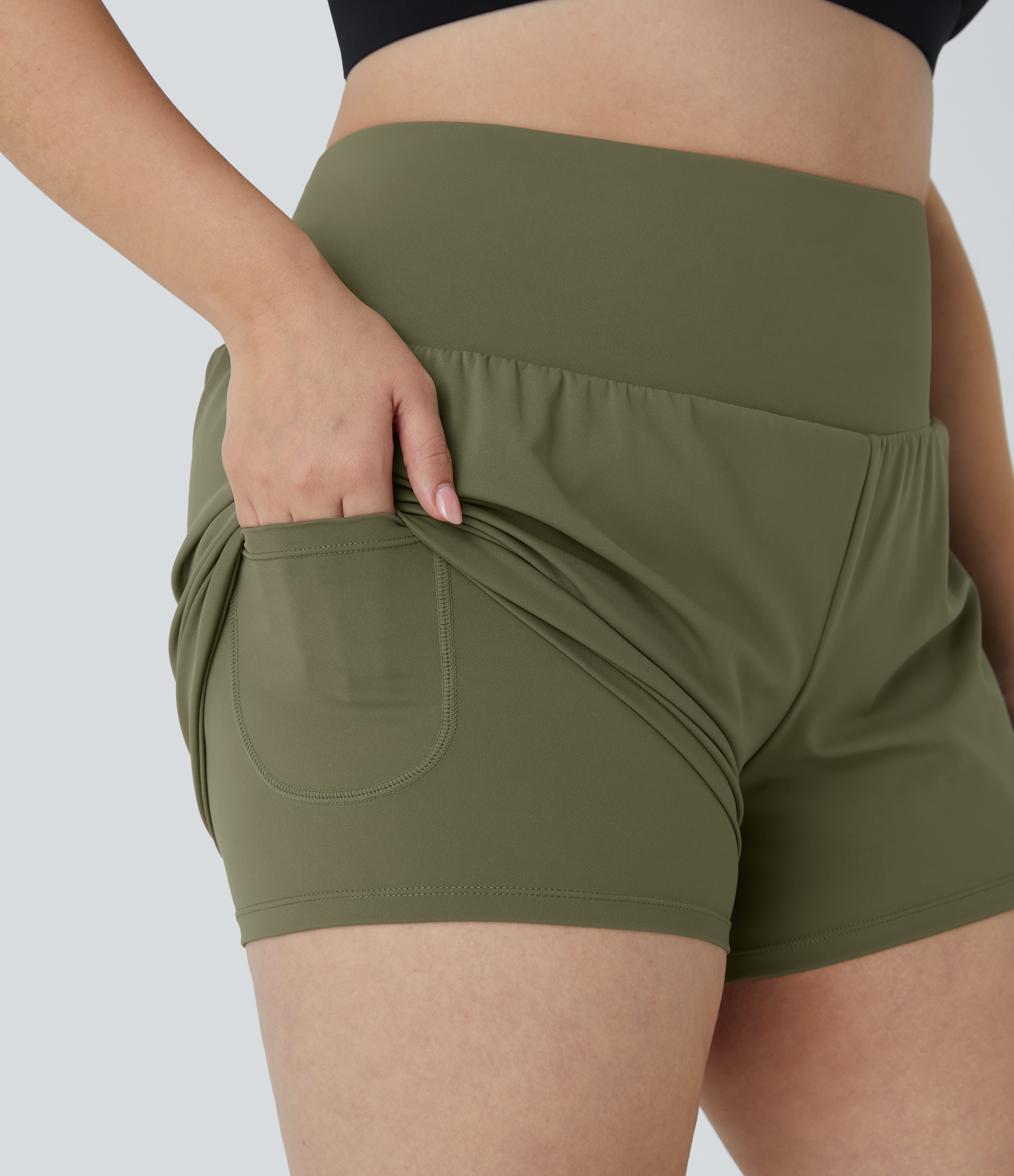 Halara Back Pocket Plus Side Hidden Pocket 2-in-1 Gym Plus Size Shorts 3.5``  - Withered Green - 1X 