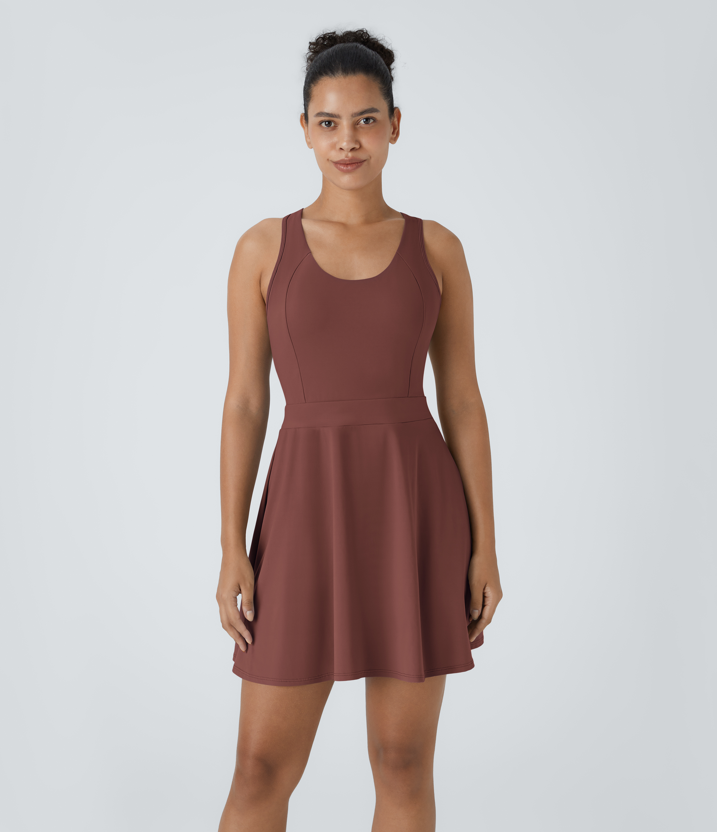 Halara Backless Racerback Flare Mini Golf Active Dress Workout Dress - Brandy Brown - XS 