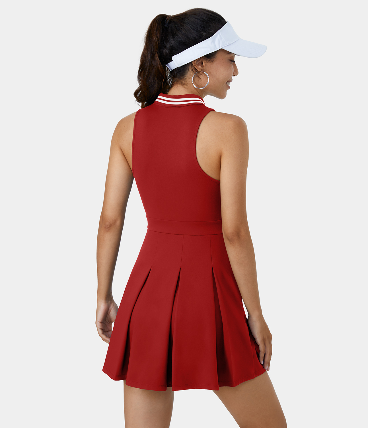 Halara Collar Half Zip 2-Piece Pocket Pleated Golf Active Dress-Golf Tee Pocket Workout Dress - Valiant Poppy - M 