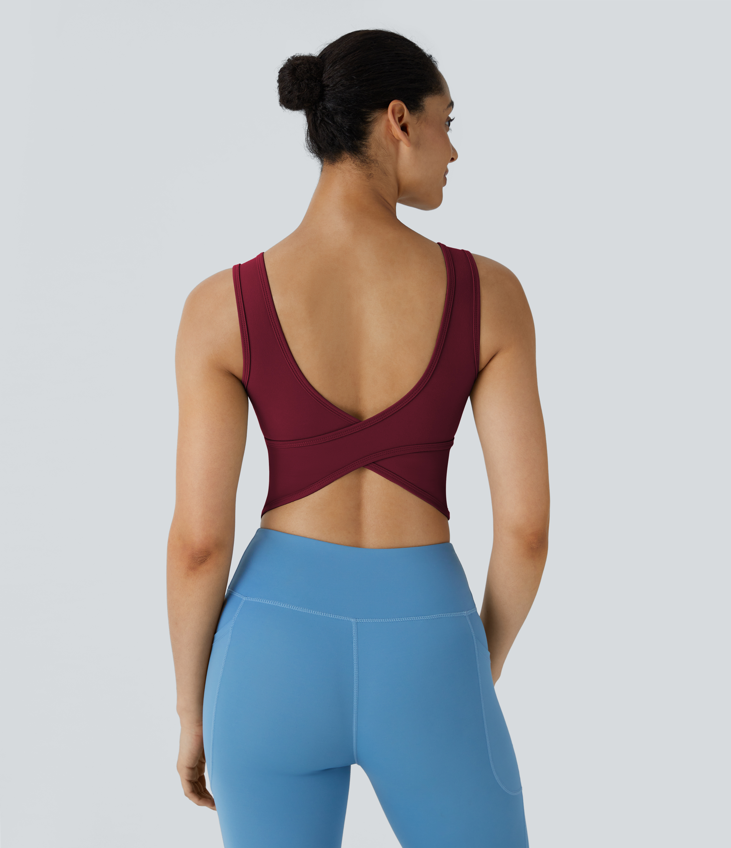 Halara U Neck Backless Crossover Barre Ballet Dance Tank Top Tank Top - Deep Wine - L golf tops halter top tunic tops sleeveless tops 