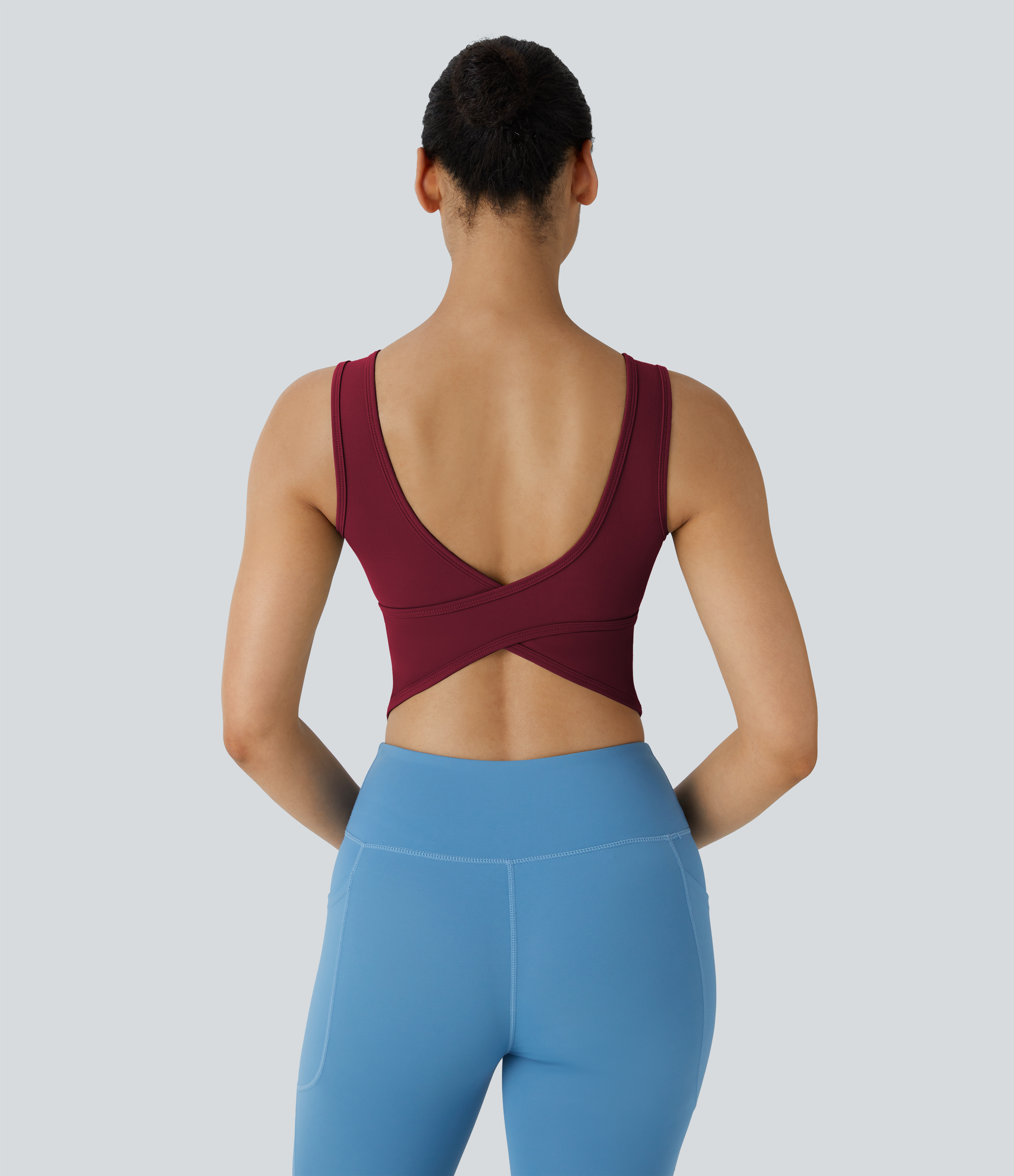Halara U Neck Backless Crossover Barre Ballet Dance Tank Top Tank Top - Deep Wine - L golf tops halter top tunic tops sleeveless tops 