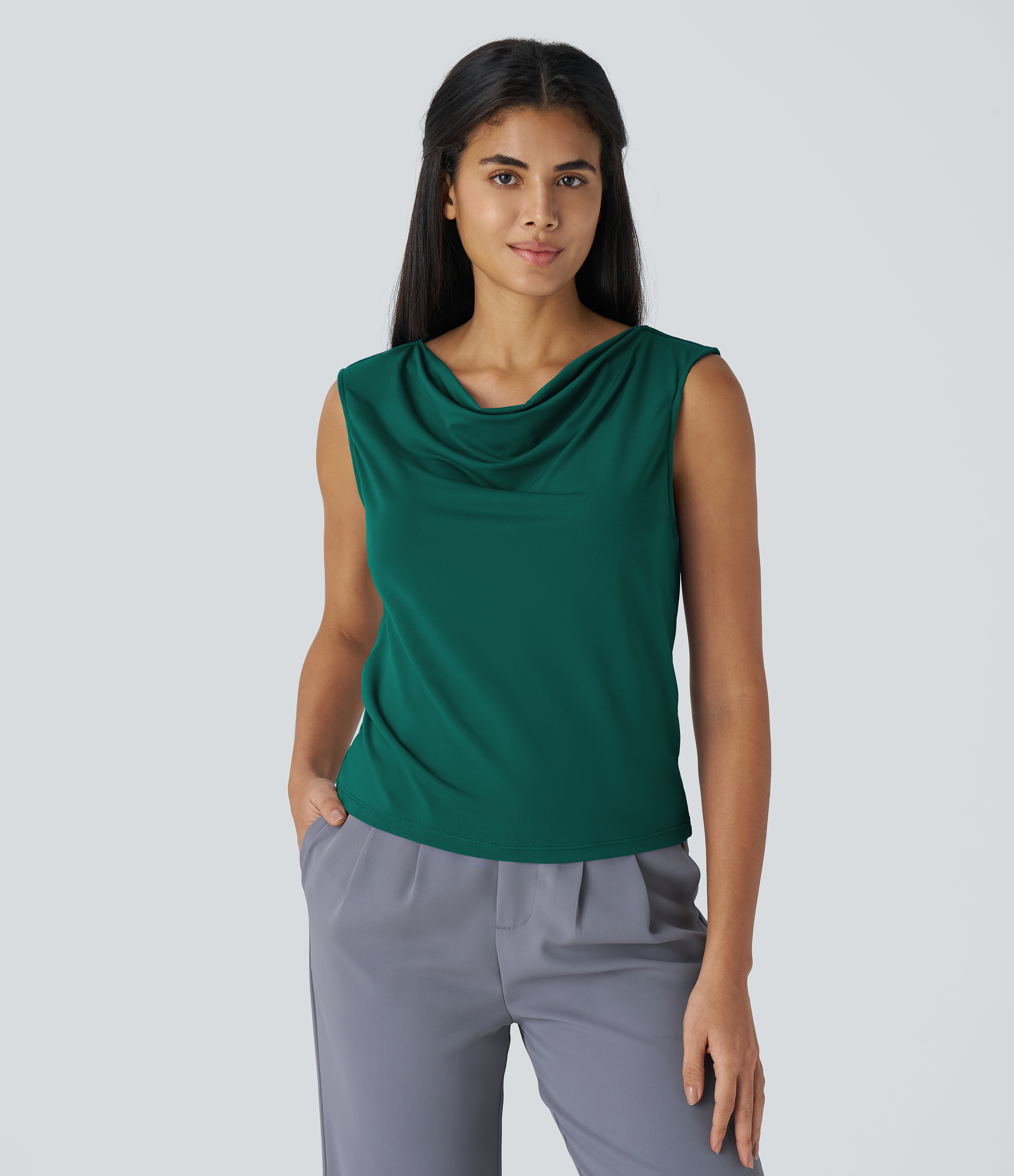 Halara Cowl Neck Sleeveless Work Blouse  - Rain Forest - M 