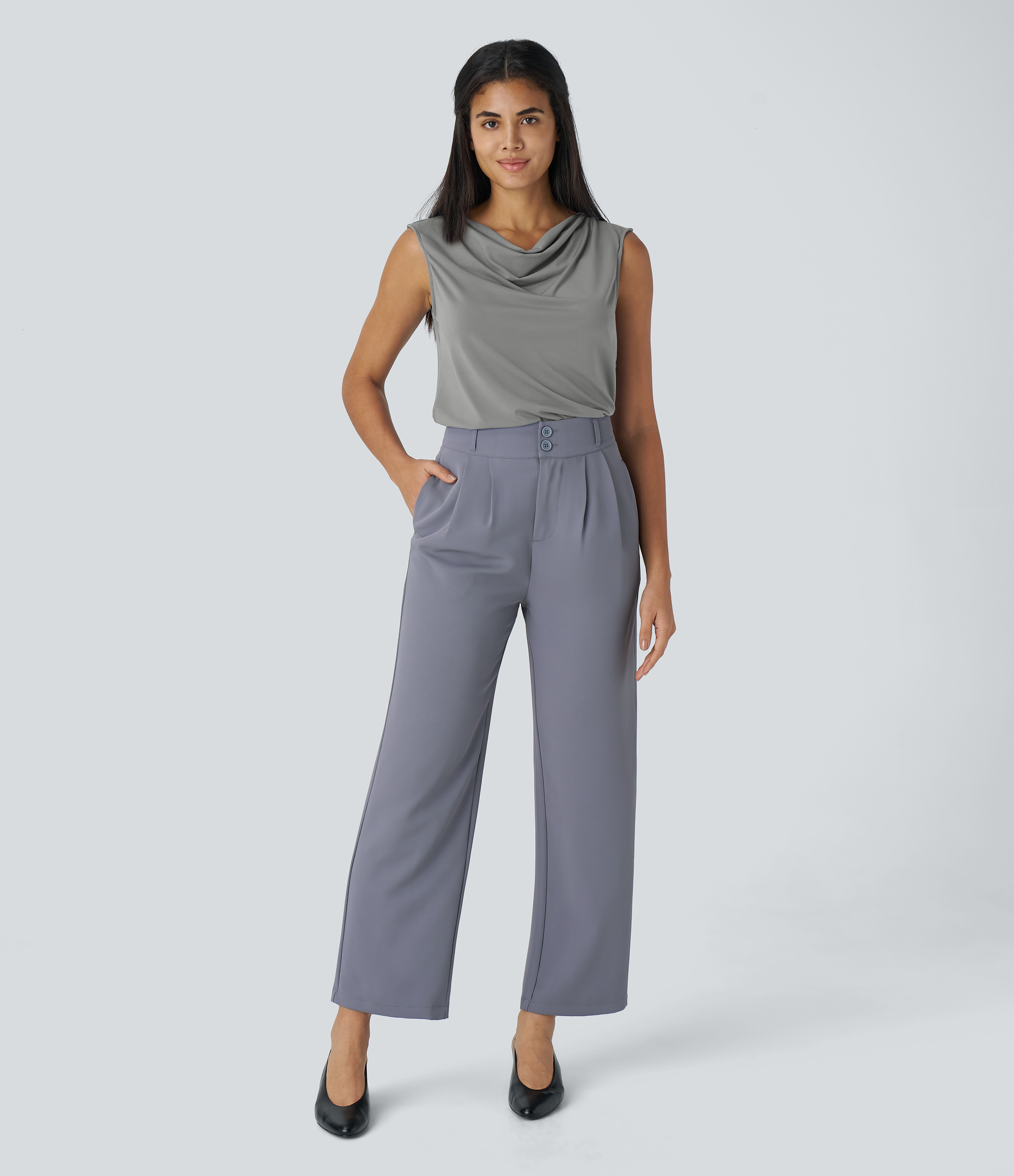 Halara Cowl Neck Sleeveless Work Blouse  - Sandalwood Grey - XS 