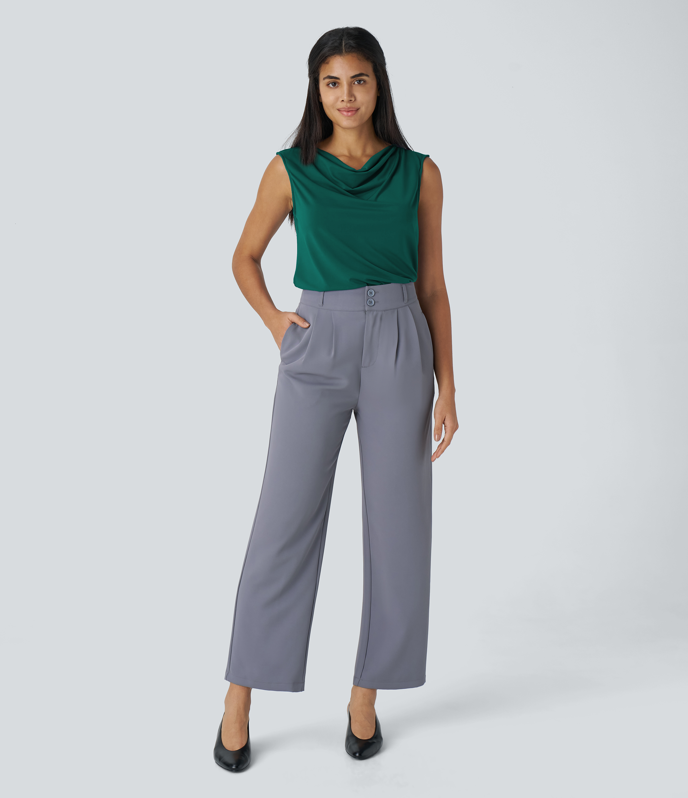 Halara Cowl Neck Sleeveless Work Blouse  - Rain Forest - M 