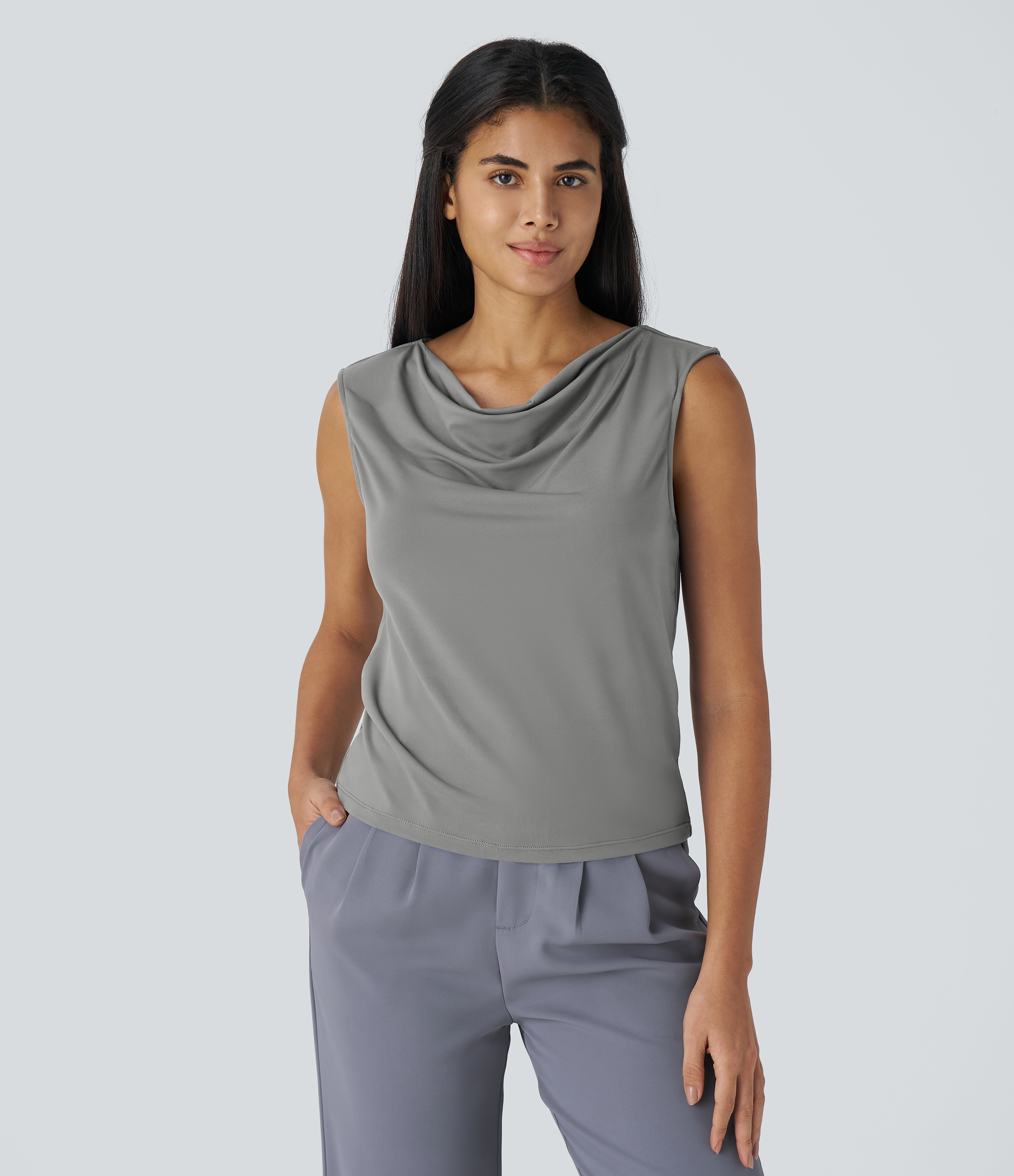 Halara Cowl Neck Sleeveless Work Blouse  - Sandalwood Grey - XS 