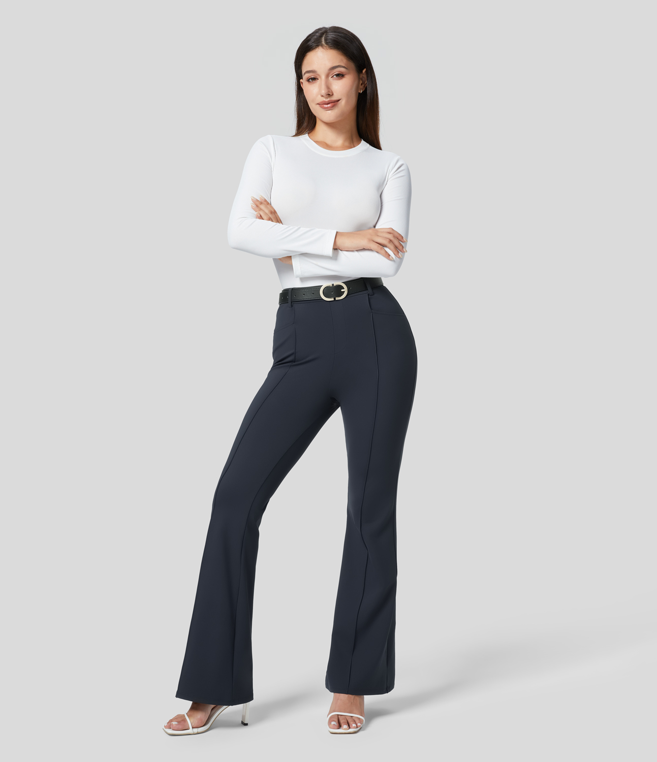 Halara Softlyzeroв„ў Eco High Waisted Side Pocket Slight Flare Work Pants  - Midnight Blue - S(regular) 