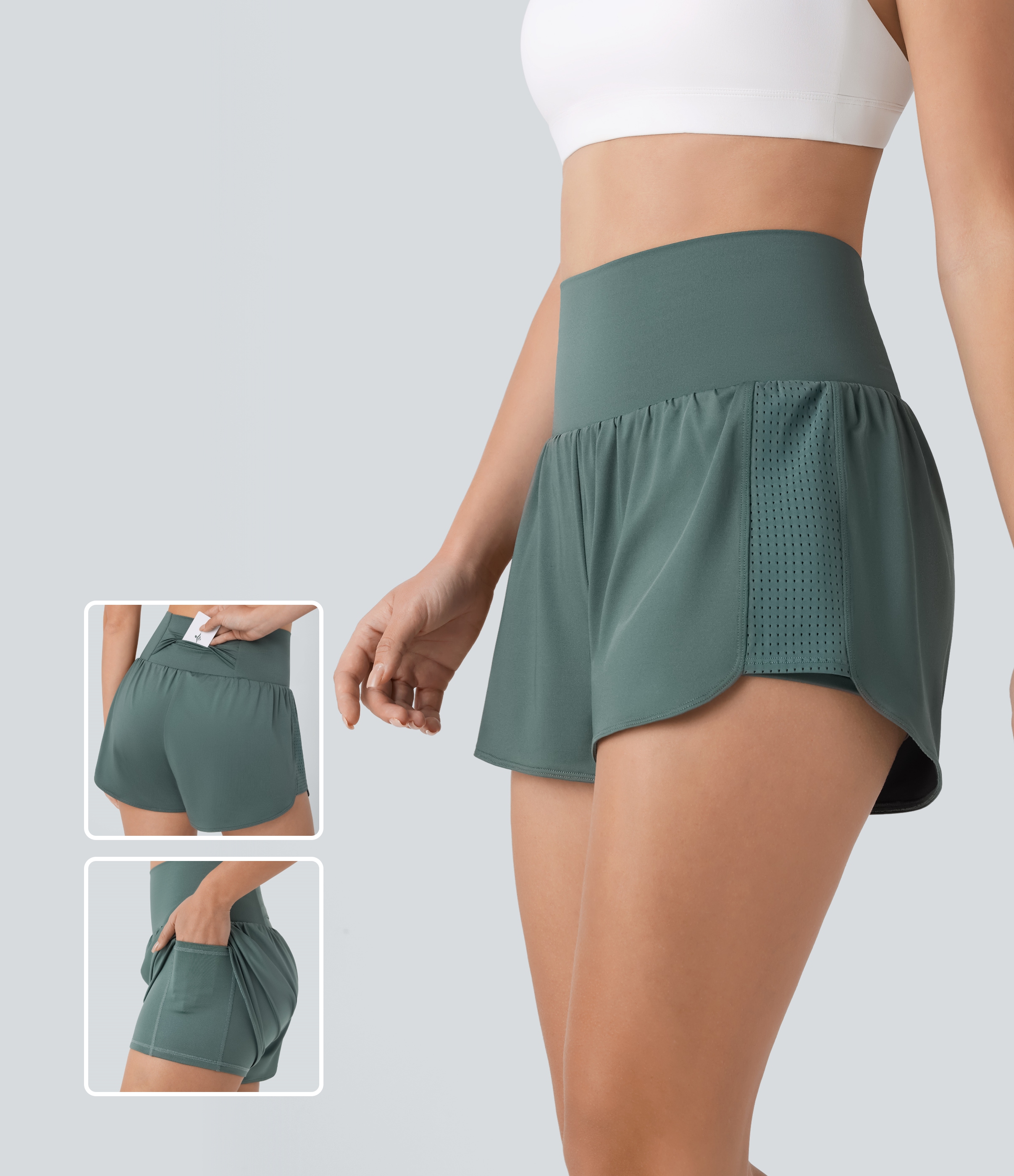 Halara Super High Waisted Contrast Mesh Back Pocket & Side Hidden Pocket 2-in-1 Yoga Shorts 3`` Gym Short - Duck Green - L booty shorts 