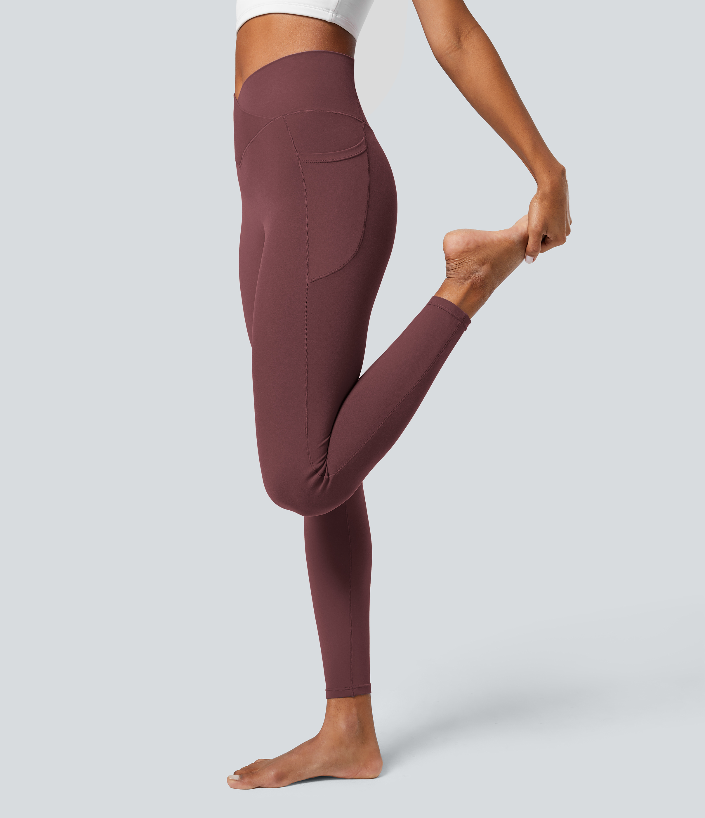 Halara Everyday Cloudfulв„ў Fabric Crossover Pocket Plain Leggings  - Red Mahogany - S(7/8) gym leggings leggings with pockets 