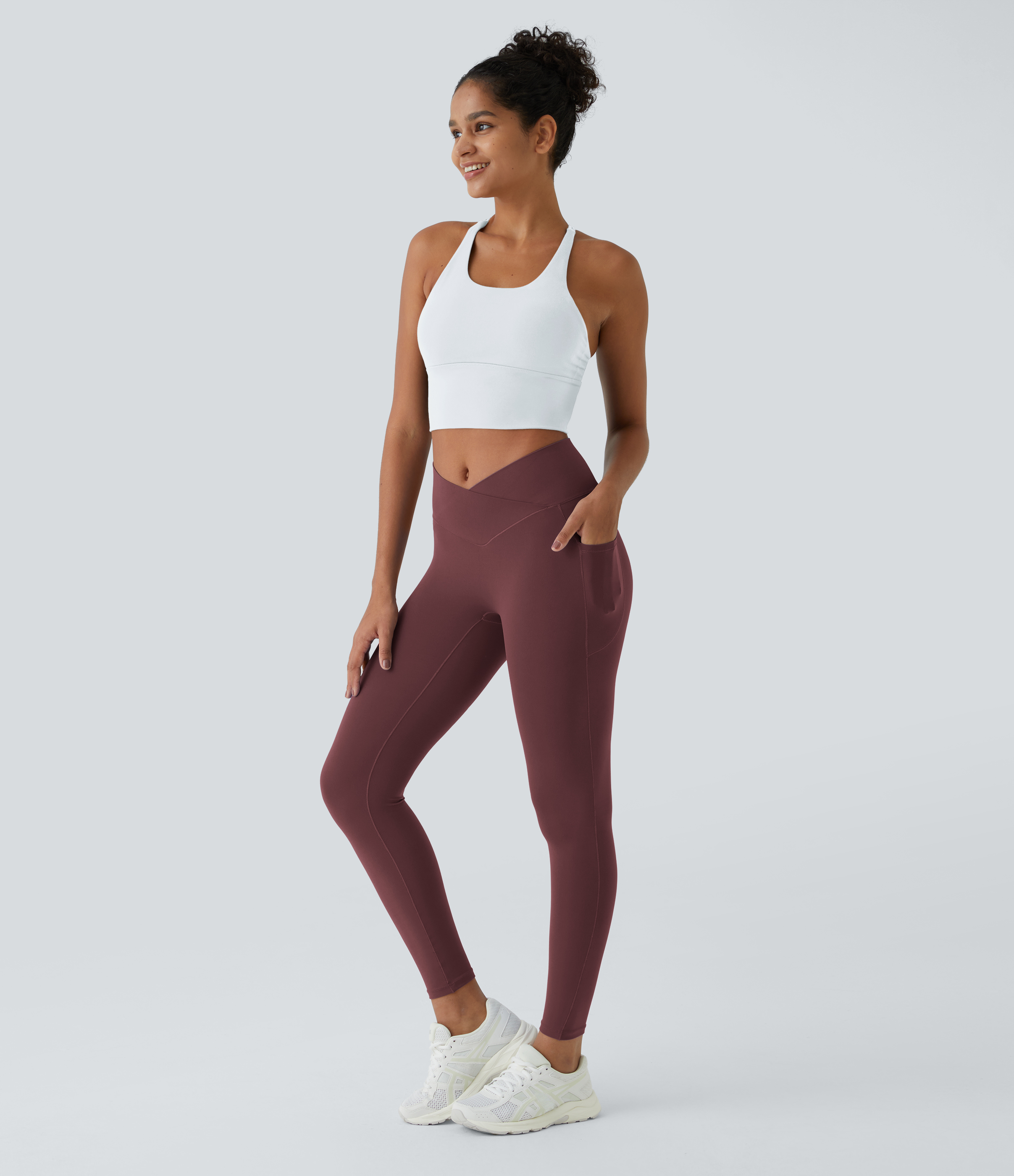 Halara Everyday Cloudfulв„ў Fabric Crossover Pocket Plain Leggings  - Red Mahogany - S(7/8) gym leggings leggings with pockets 